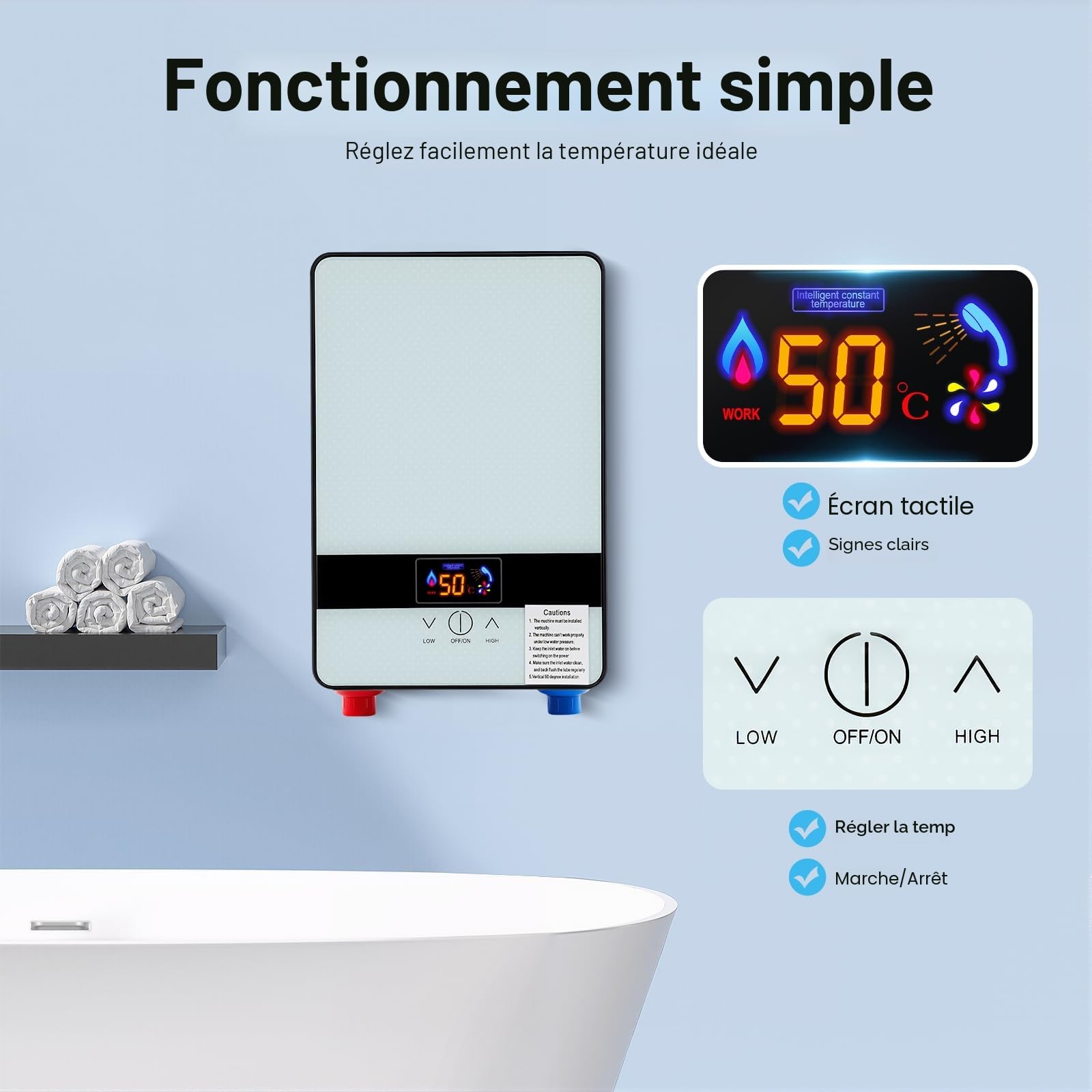 Chauffe-eau électrique instantané avec douchette à main - Chauffe-eau électrique pour salle de bain douche - 18,6 x 5,7 x 27,7 cm - 6500 W - Blanc