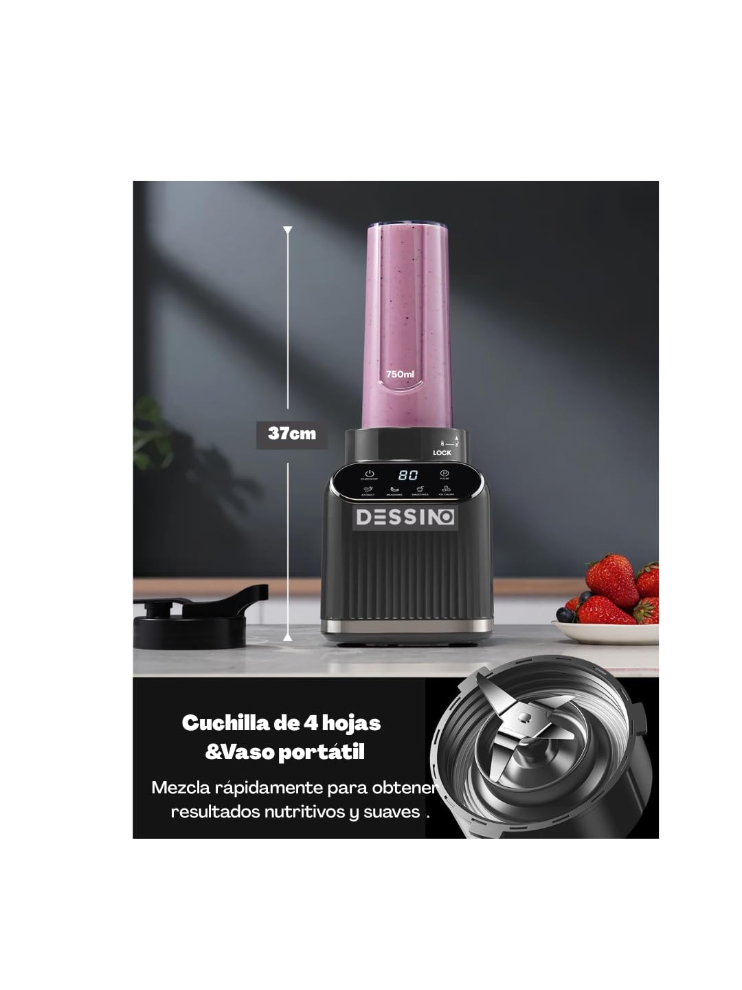 Touchscreen Batidora de vaso cristal de 1200 W de potencia max., Jarra de 1,5 L, 6 cuchillas de acero-inoxidable,4 funciones para triturar hielo y frutas congeladas, vaso portátil de 710 ml