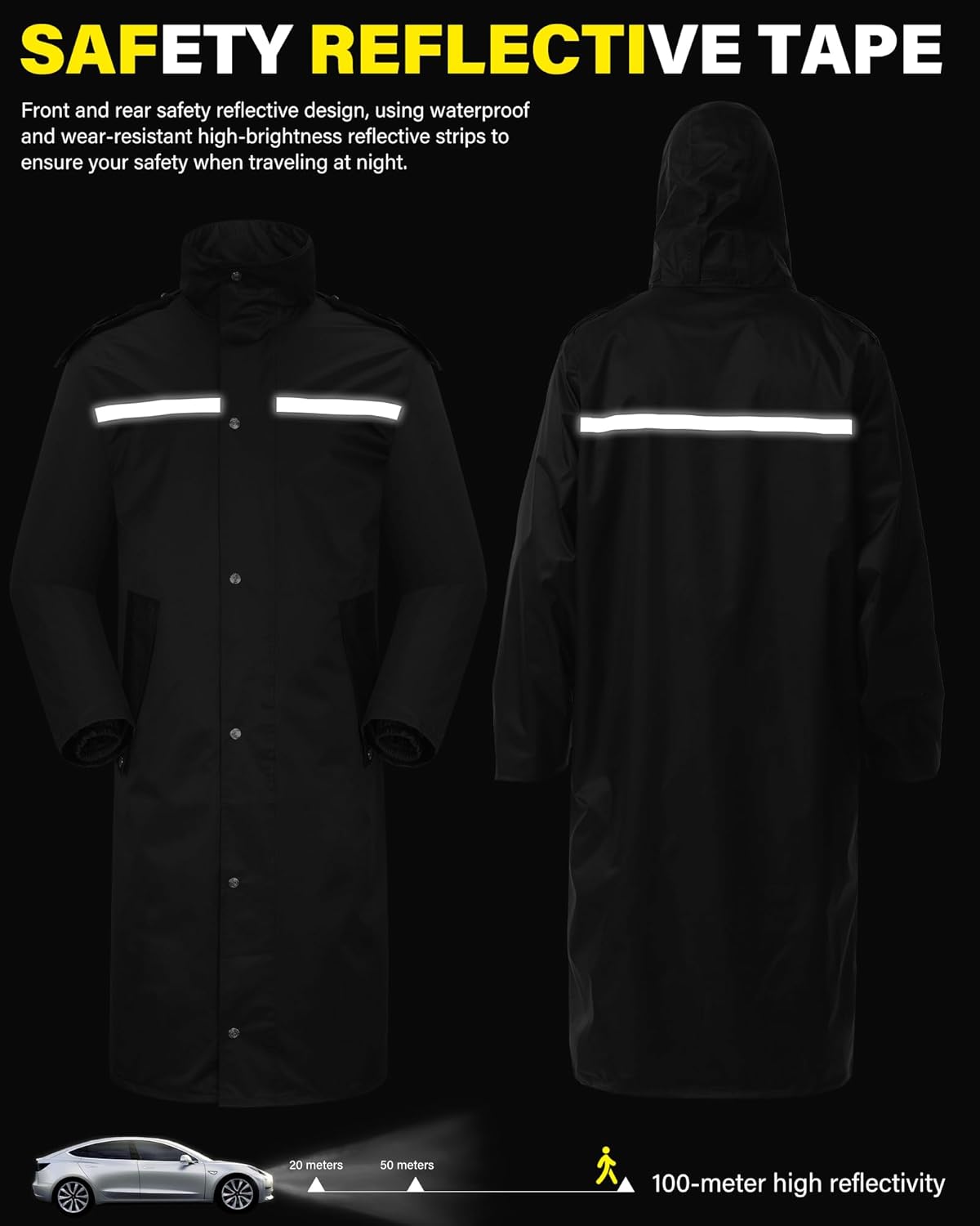 iCreek Raincoat Waterproof Long Rain Jacket Lightweight Rainwear Reflective with Packable Hood for Men Women Adults - Image 3