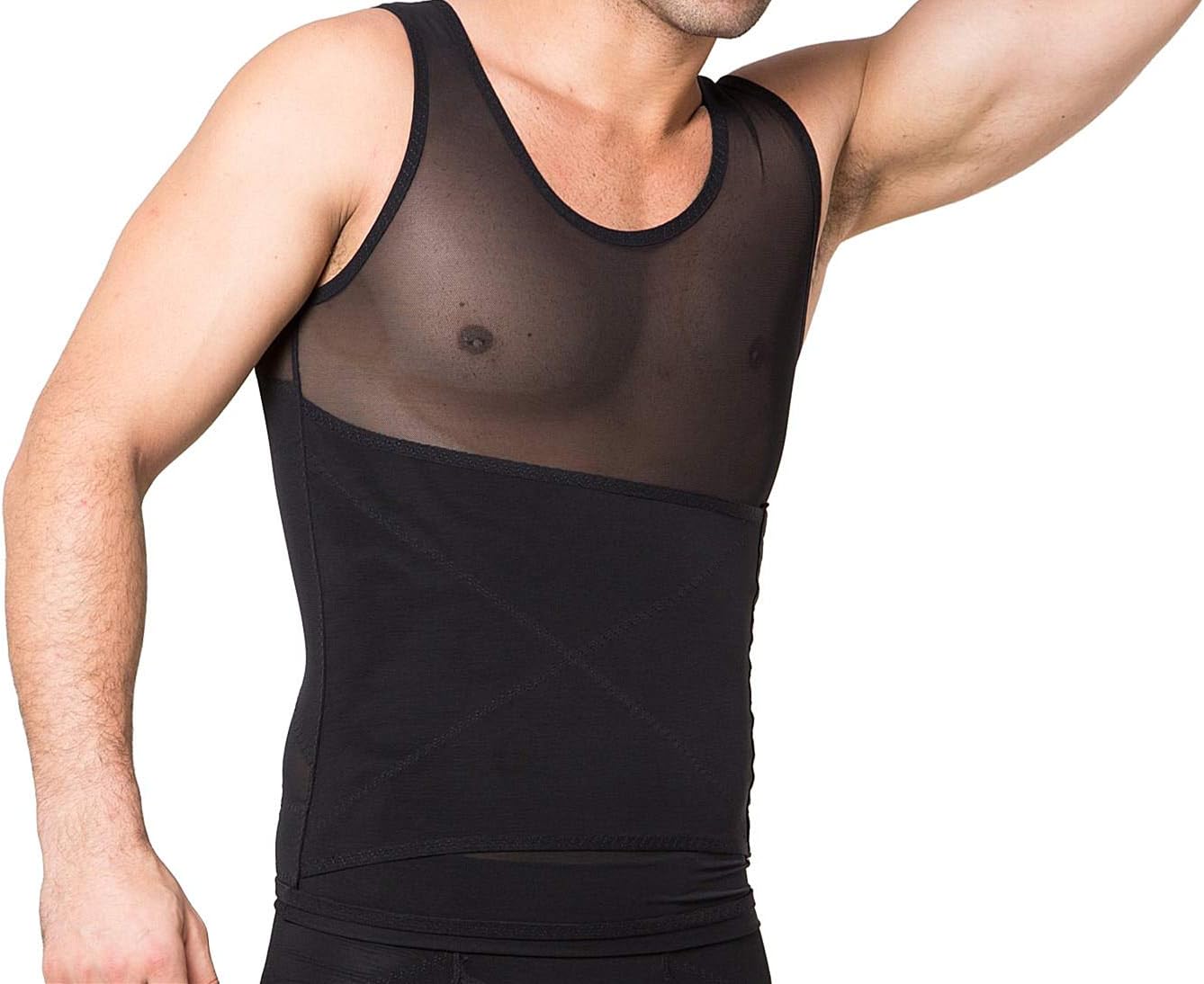 LARDROK Men's Mesh Slimming Body Shaper Compression Shapewear Shirt with Side Hook Vest Tummy Tight Tank Top