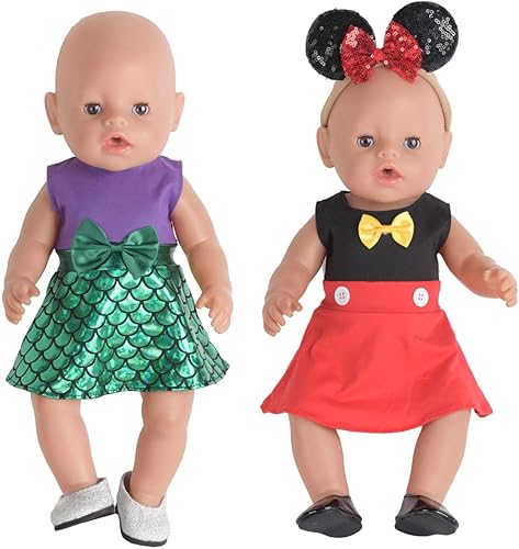 Miniatura 3 de Sweet Dolly Accesorios para muñecas de bebé, 5 ropa de muñeca, 2 zapatos, vestido de princesa de sirena, pijamas de unicornio para muñecas de 15 a
