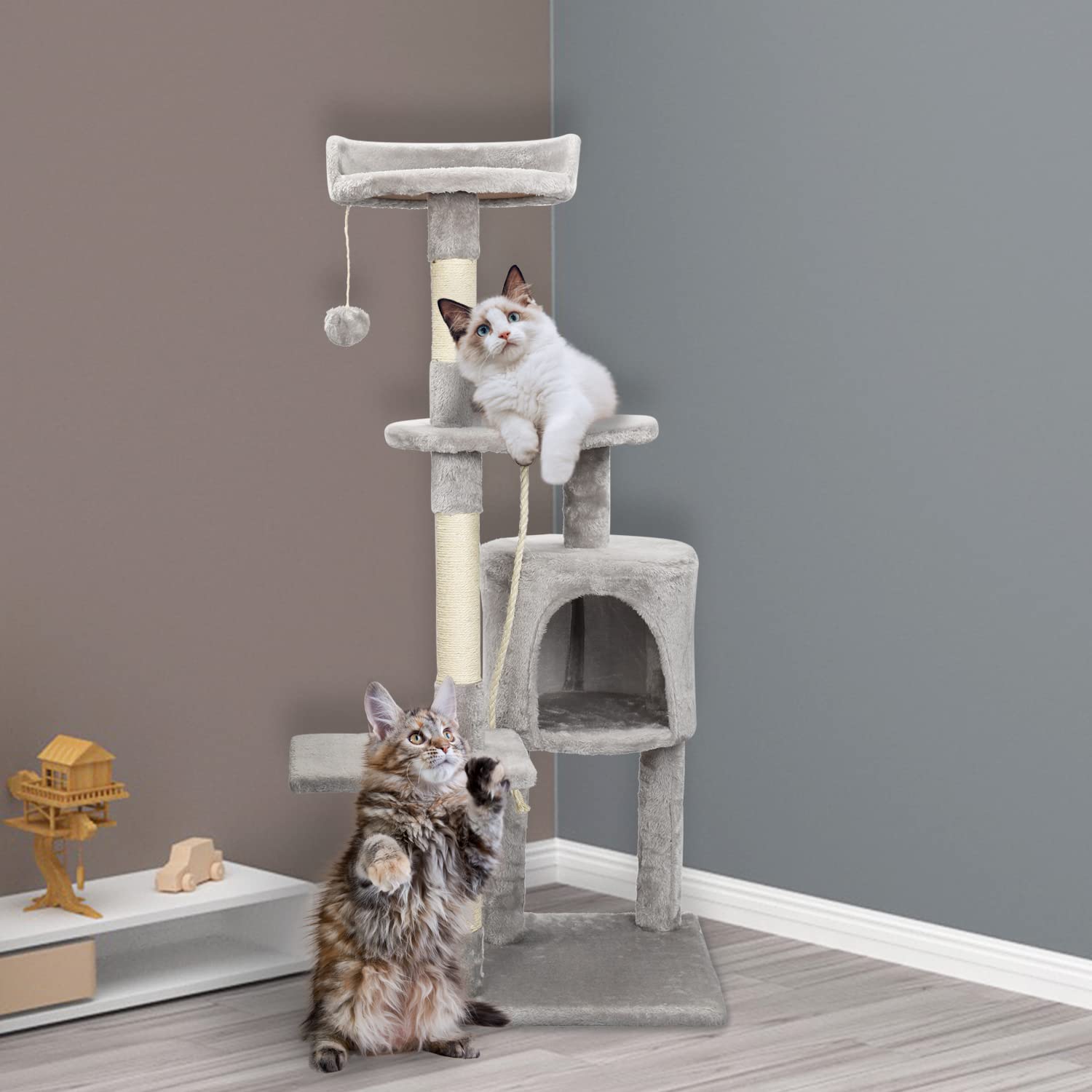 Tiragraffi per Gatti Albero per Gatti Grigio, Stalla Albero Tiragraffi Gatto 112cm, Albero di gatto con Tronchi in sisal, Tana, con Grotta, Palline, sisal e Corda per Giocare