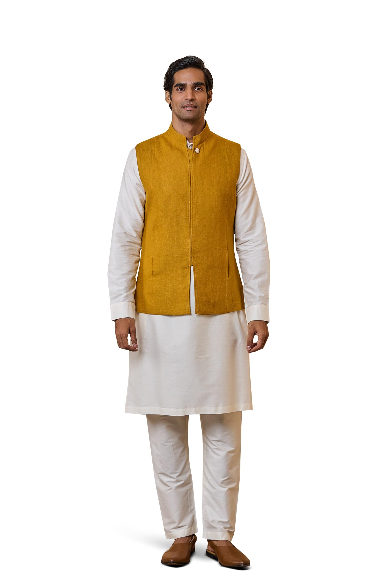 tasva Yellow Ochre Classic bundi With Top Stitch Detailing For Men-picture-28
