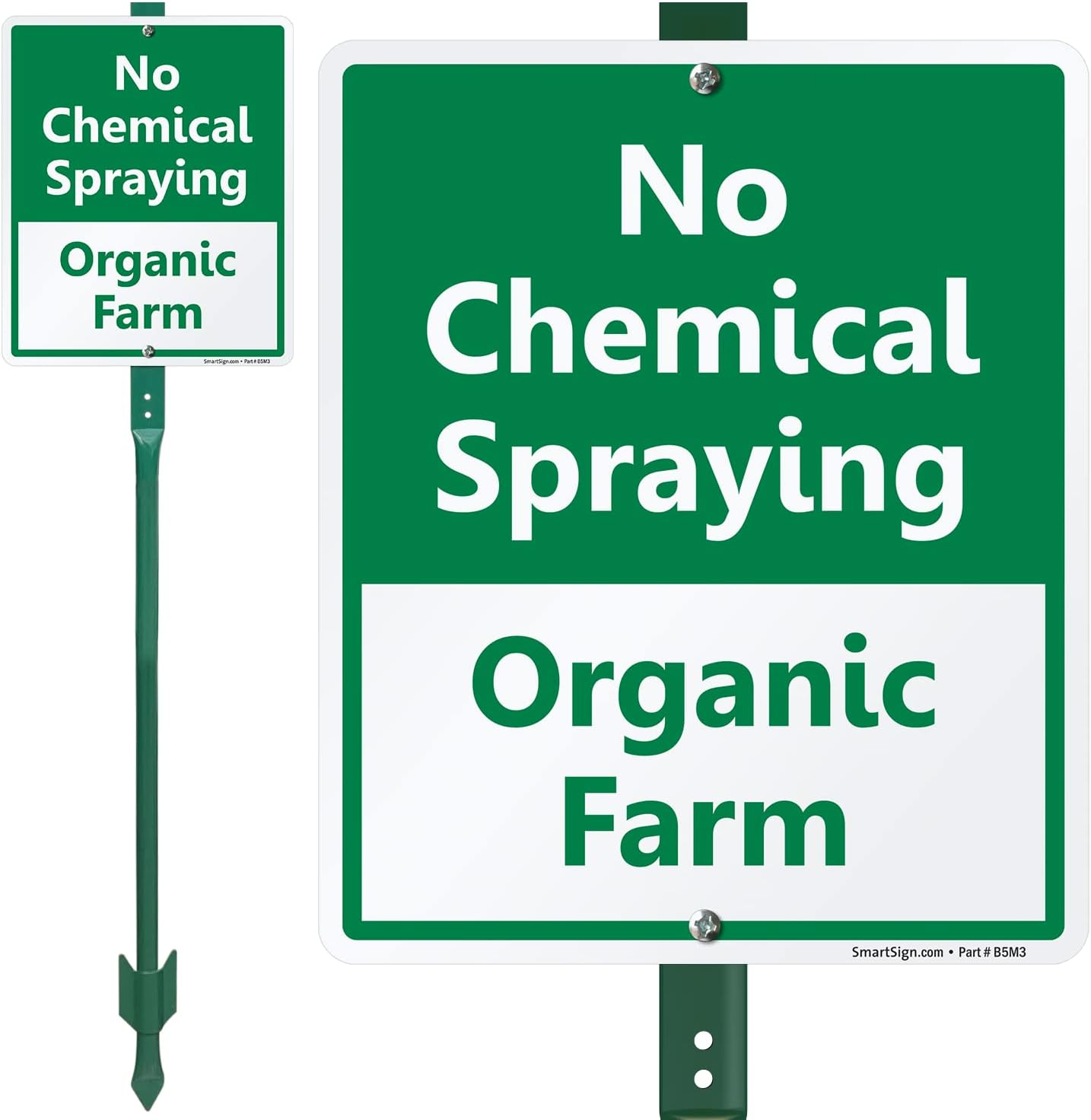 SmartSign 12 x 10 inch “No Chemical Spraying - Organic Farm” LawnBoss Yard Sign with 3 foot Stake, 40 mil Laminated Rustproof Aluminum, Green and White, Set of 1, Made in USA