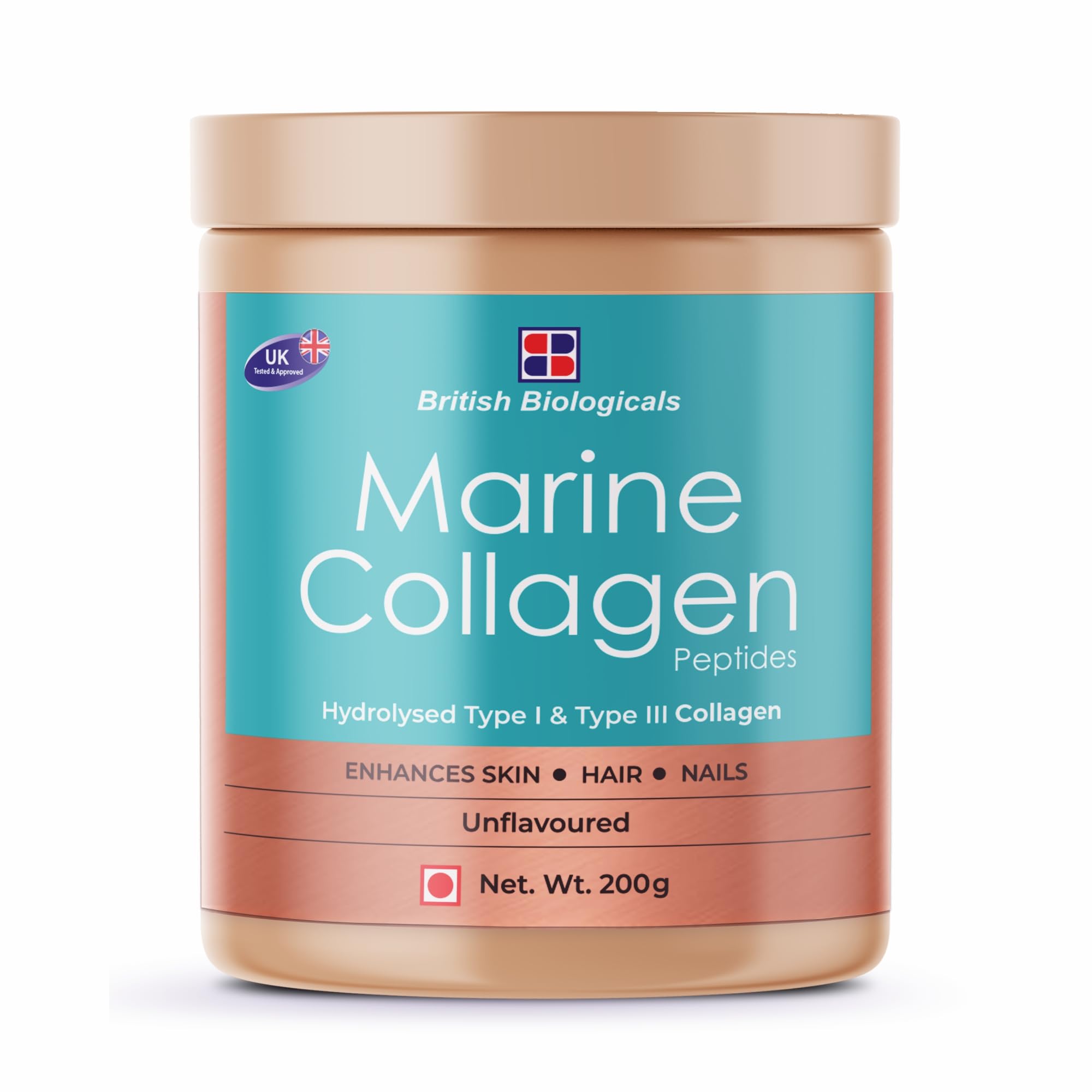 British Biologicals Marine Collagen Supplements for Women & Men | Supports Glowing Skin | Hydrolyzed Collagen Peptides Type I & III | Supports healthy Nails, Hair & Skin | Supports Damaged Skin | 200g | Unflavoured
