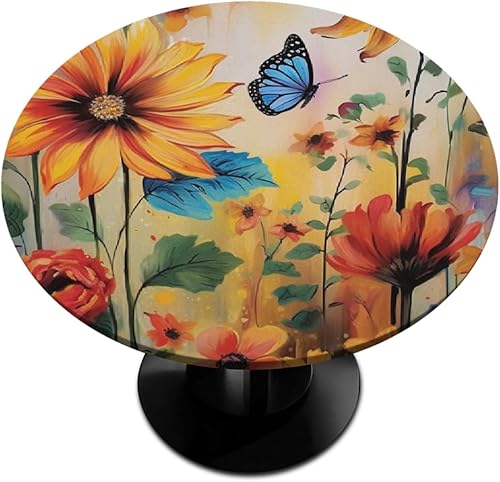 Vista 315 de Mantel redondo ajustable con borde elástico, mantel de hojas coloridas abstractas, impermeable, lavable, para mesas redondas, ideal para picnic