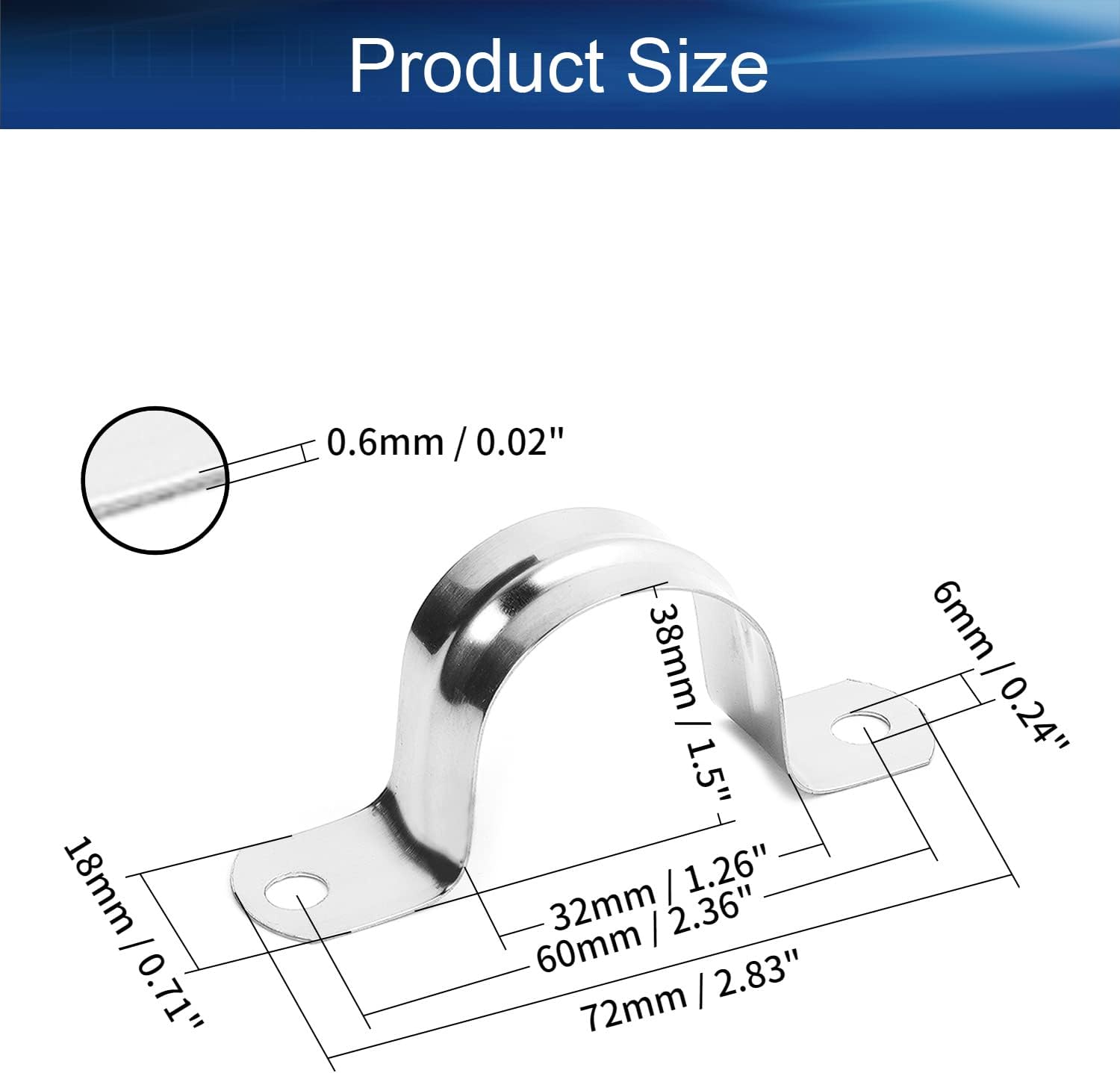 Bettomshin 32mm(1.26") Rigid Pipe Strap, 2 Holes Tube Straps 304 Stainless Steel Tension Tube Clip Clamp Silver Tone 20Pcs