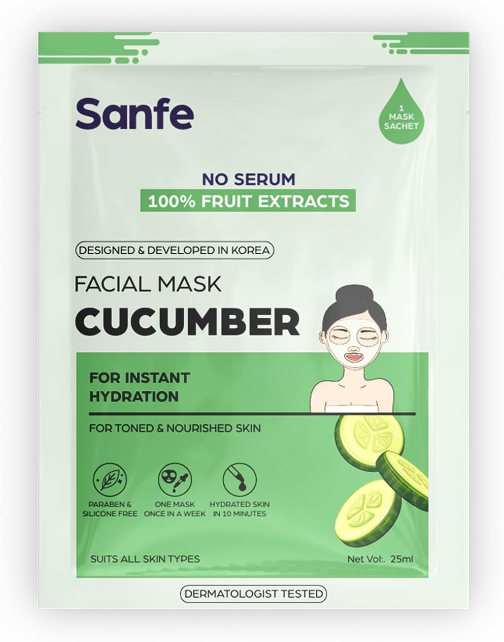 Instant Hydration Cucumber Facial Mask | For toned & nourished skin | 100% fruit extracts, Korean Mask | 1pc, 25gm (Cucumber)