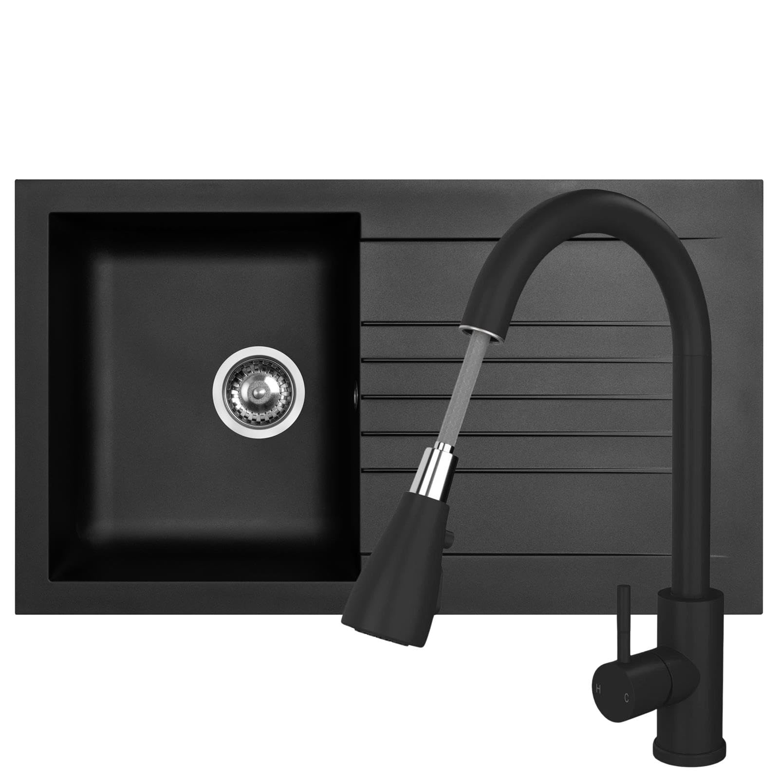 Liquida KAVL860BL 1.0 Bowl Composite Black Kitchen Sink And KPO11MB Black Tap