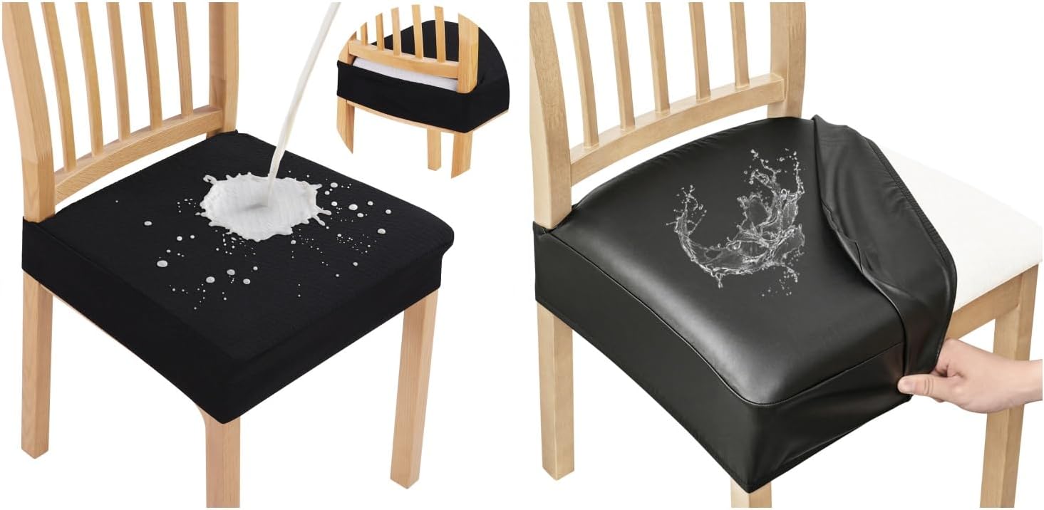 Smiry Waterproof Seat Covers for Dining Room Chairs Set of 4, Stretch Removable Washable Chair Seat Slipcovers Protector, No Rear Covers, Black