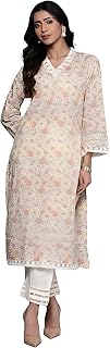 Varanga Women Off-White Floral Printed Straight Kurta – V Neck, Lace Detail, Long Flared Sleeves, Stylish & Elegant Price In India