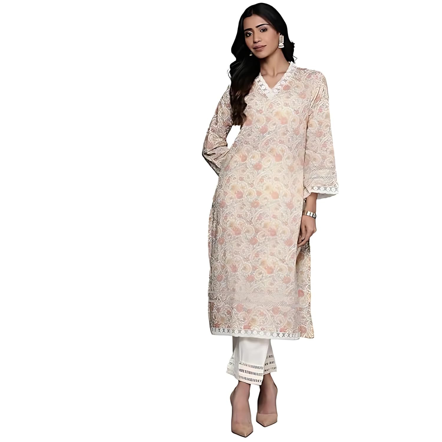 Varanga Women Off-White Floral Printed Straight Kurta – V Neck, Lace Detail, Long Flared Sleeves, Stylish & Elegant - Review, Price and Buying Guide