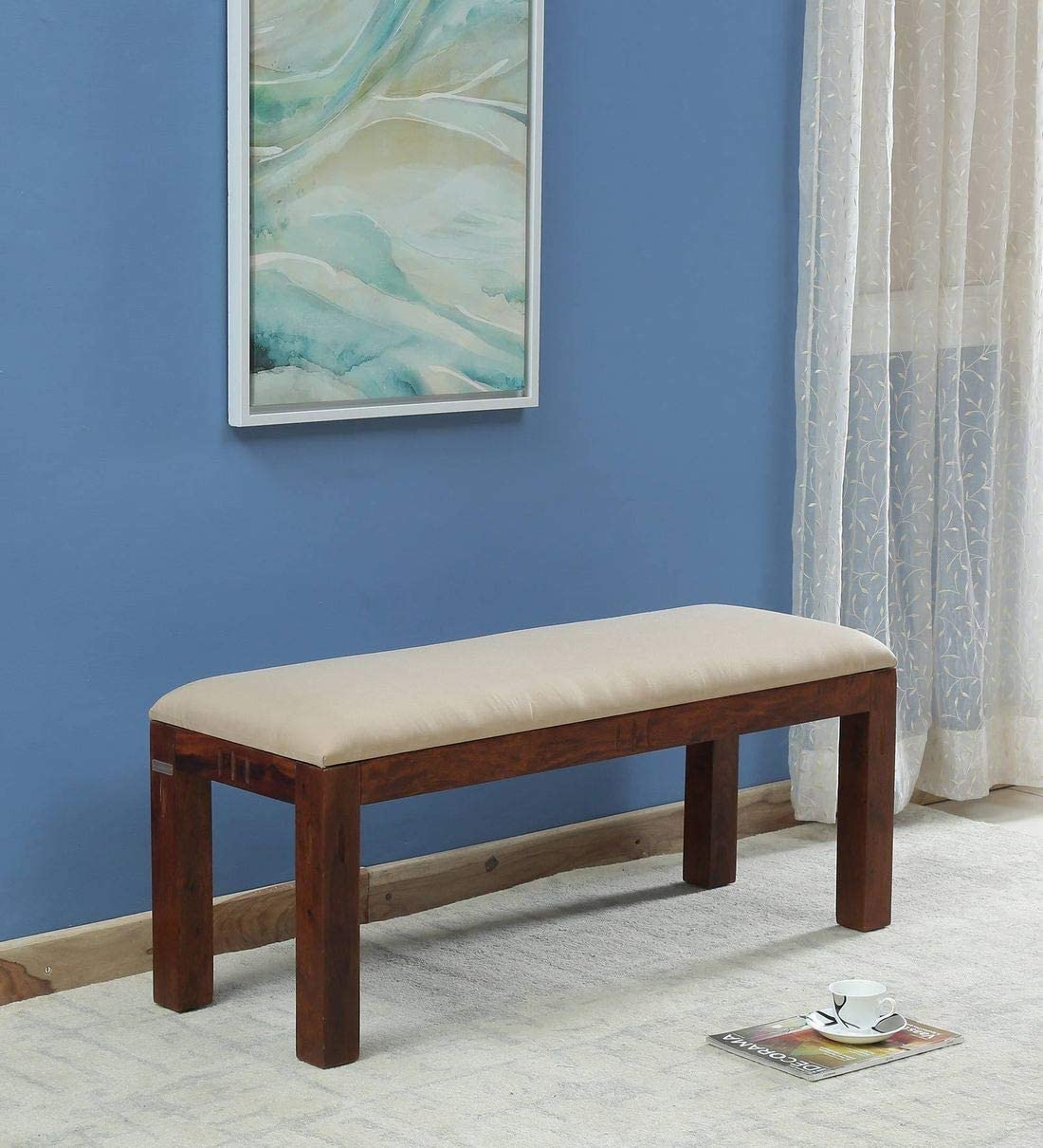 Screw & Art Customs Sheesham Wood Bench for Living Room | Hallway Furniture | 2 Seater Dining Bench with Beige Cushion | (Brown)