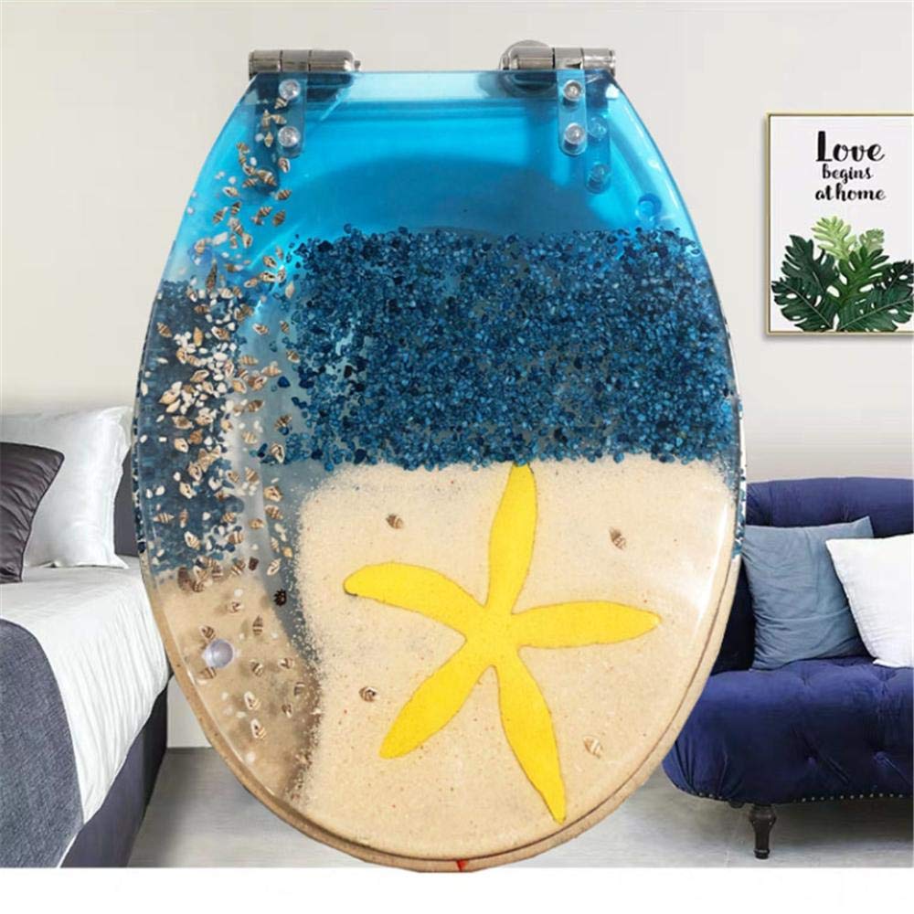 Asiento de inodoro de resina, con fijación superior y liberación rápida, fácil de instalar, fácil limpieza, anti-bacteriano, tapa de inodoro azul claro mundo submarino