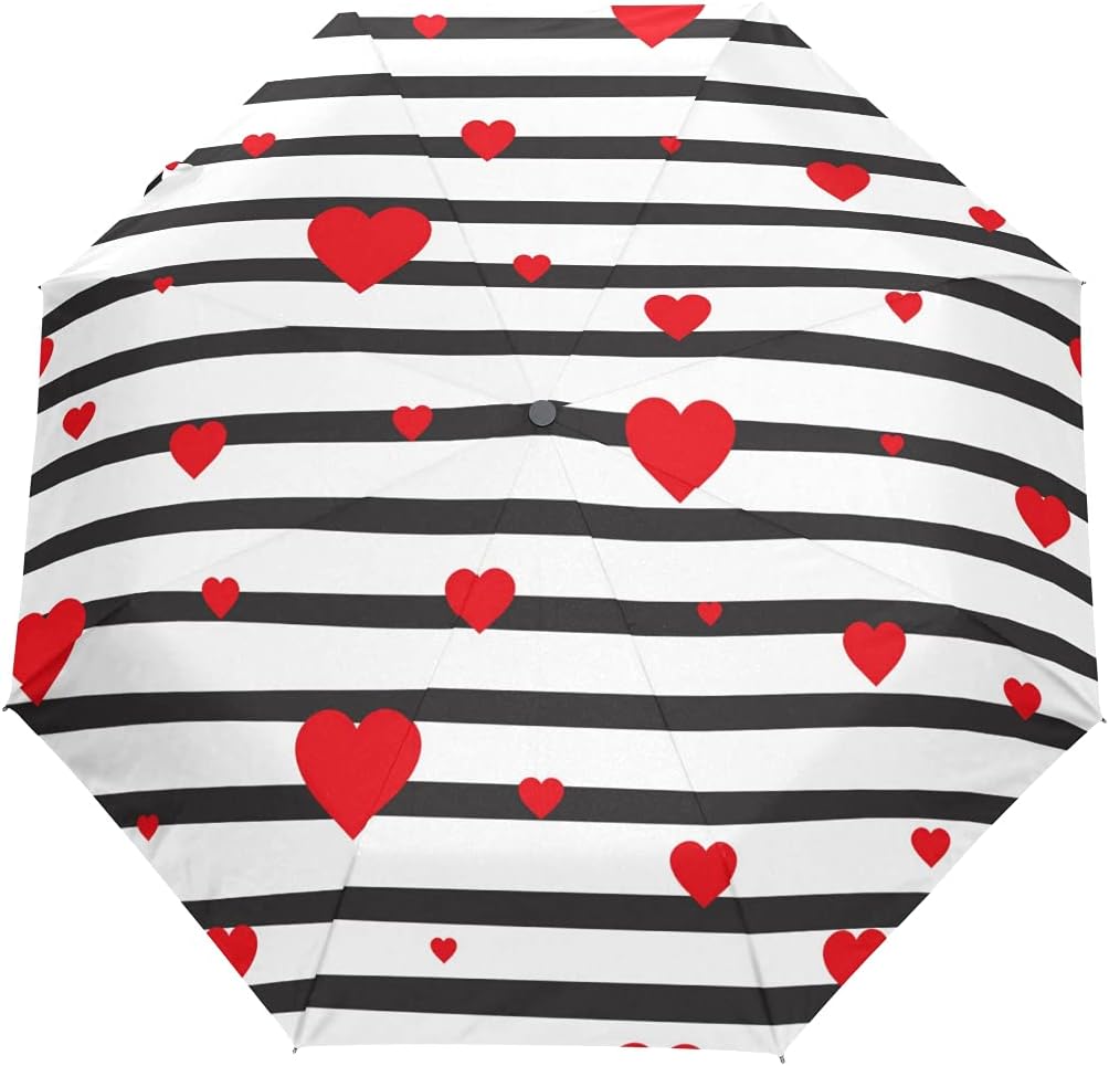 NYTTT Red Hearts Striped White Background Automatic Foldable Umbrella UV Protection Auto Open Close Folding Sun Blocking Umbrellas for Travel Women Boys Girls