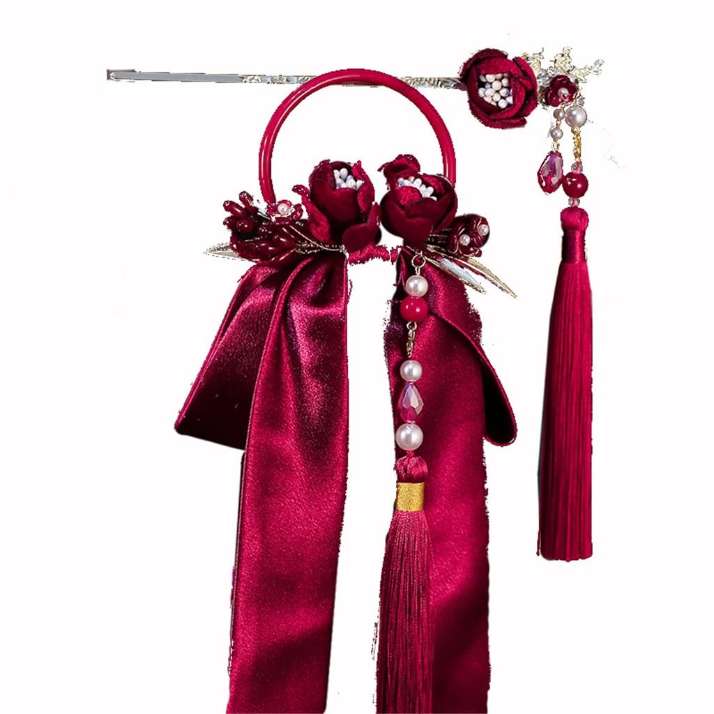Tocado chino rojo con flecos elegantes para novia y damas de honor