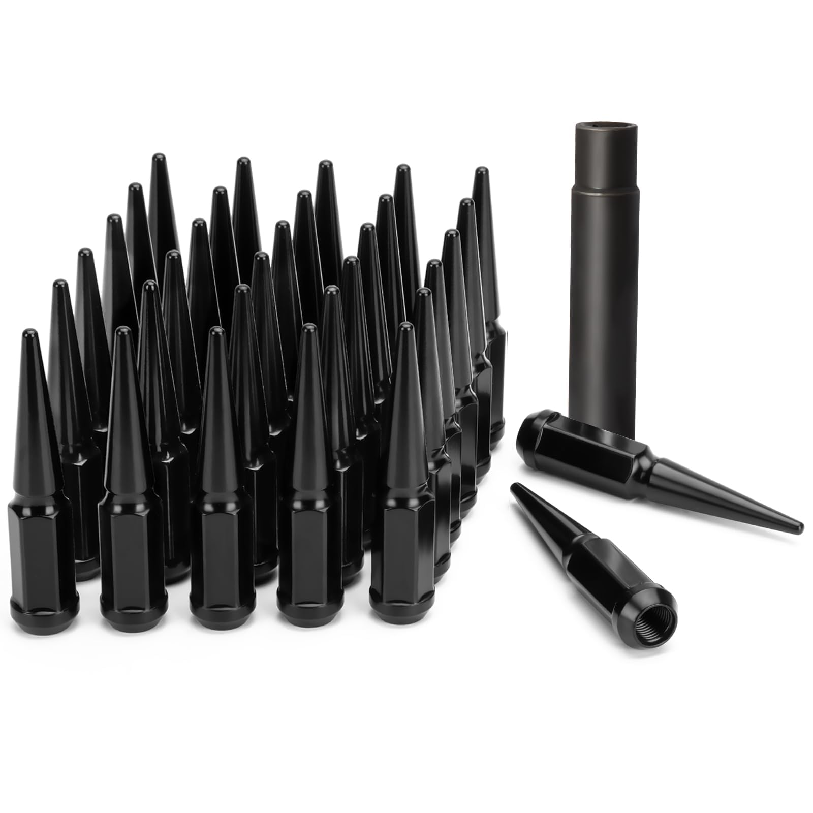 dynofit14x1.5 Spike Lug Nuts for Chevy GMC Silverado Sierra 2500 3500, 32pcs One-Piece Design Spiked Lug Nuts with 1 Key Fit F250 F350 Truck, Aftermarket Black Hex Drive Bullet Nut for 6&8 Wheel