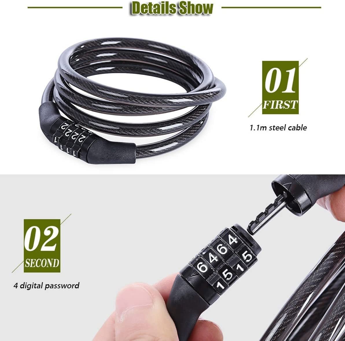 Lucchetto antifurto per Bicicletta, con 4 Codici digitali, Cavo in Acciaio Inossidabile per Moto, MTB, Lucchetto di Sicurezza per Bicicletta (Nero 100x0,8 cm)