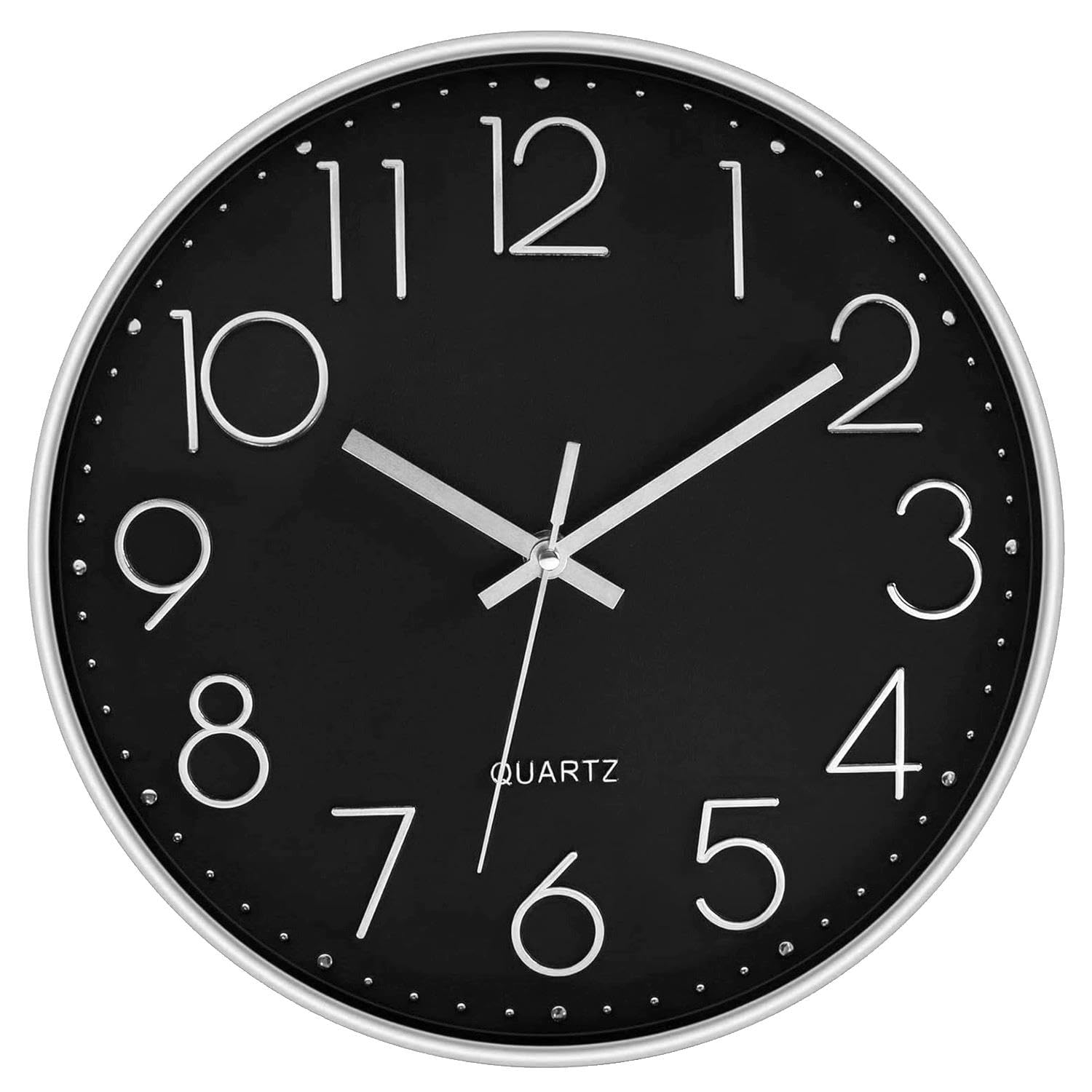 DANIEL JAMES Silent Wall Clock - 30cm Round Wall Clock for Home, Living Room, Office, Bedroom & Kitchen - Modern Analogue Clock with Easy Read Numbers - 12-inch, Silver & Black