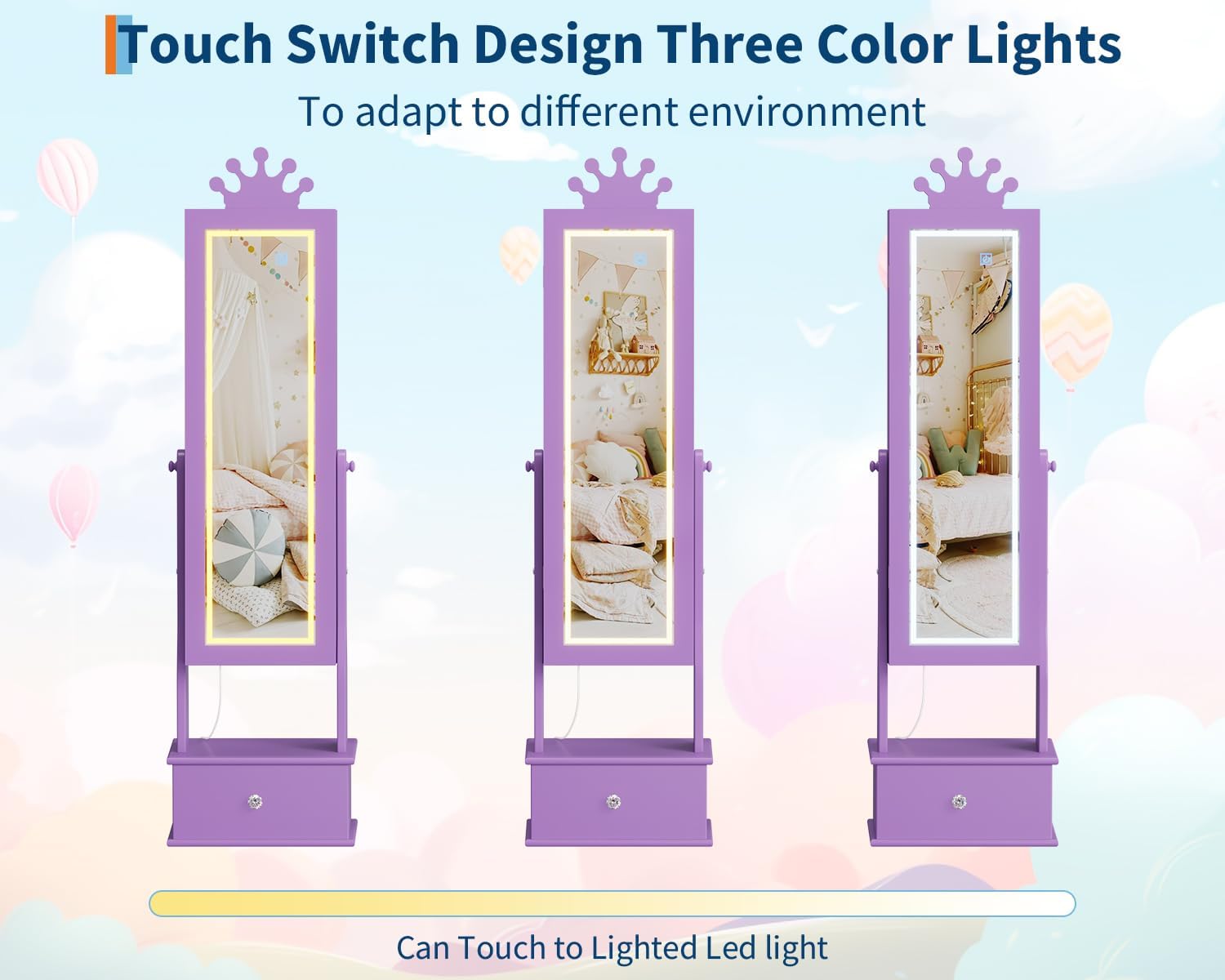 Kids Jewelry Armoire Cabinet with Full-Length Mirror, 46" Jewelry Armoire with Led Light, Kids Jewelry Organizer with 3 Storage Drawers, Kids Vanity Dress Up Mirror Jewelry Cabinet for Girls(Purple)