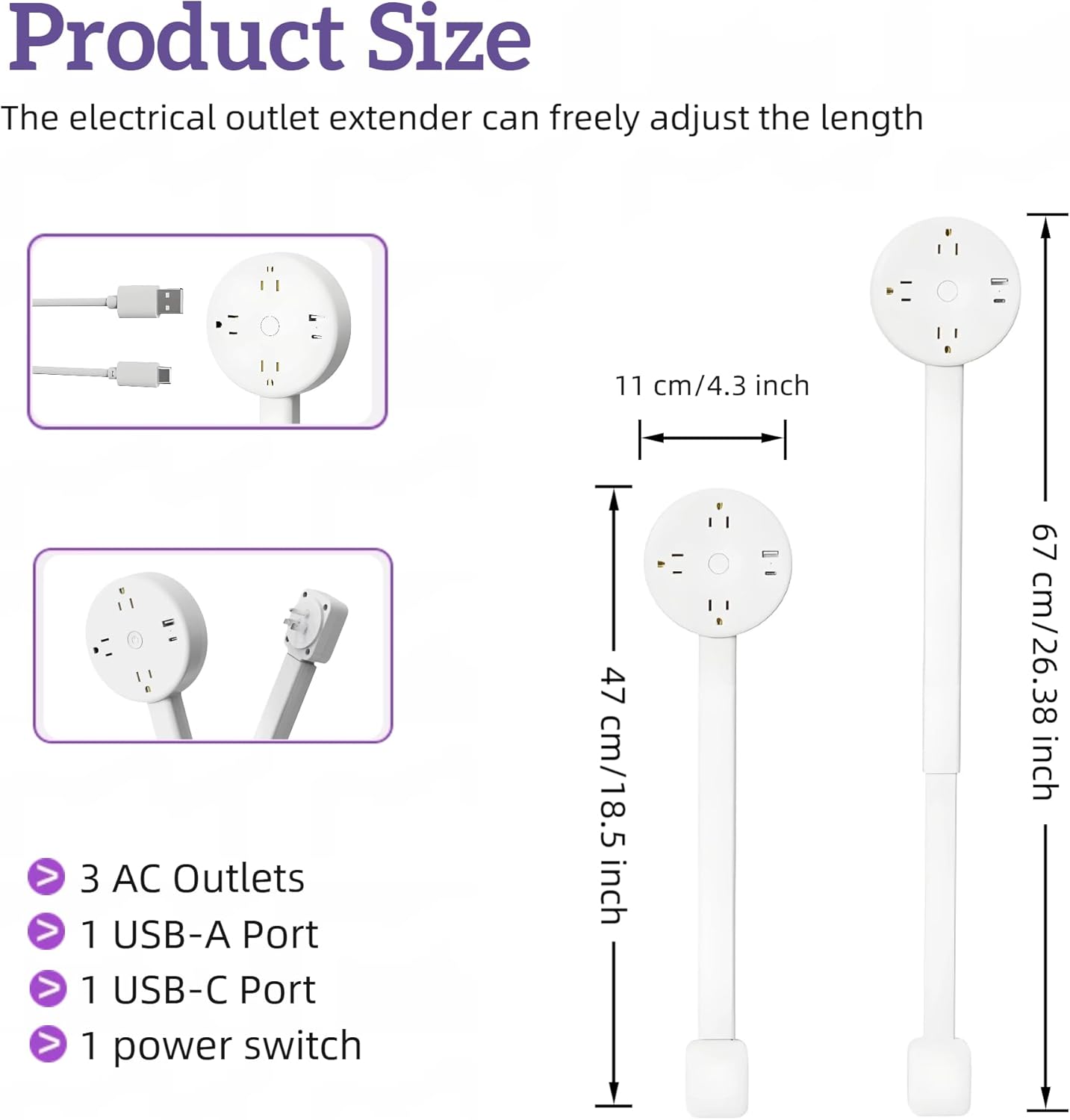 Rotating Outlet extender with USB-A, USB-C and 3 Ac Outlets, Extendable Outlet Extends 18.5-26.4" with Extender Stick, 180° Swivel Rotating Power Strip for Home/Dorm Behind Nightstands, Desks, Couches