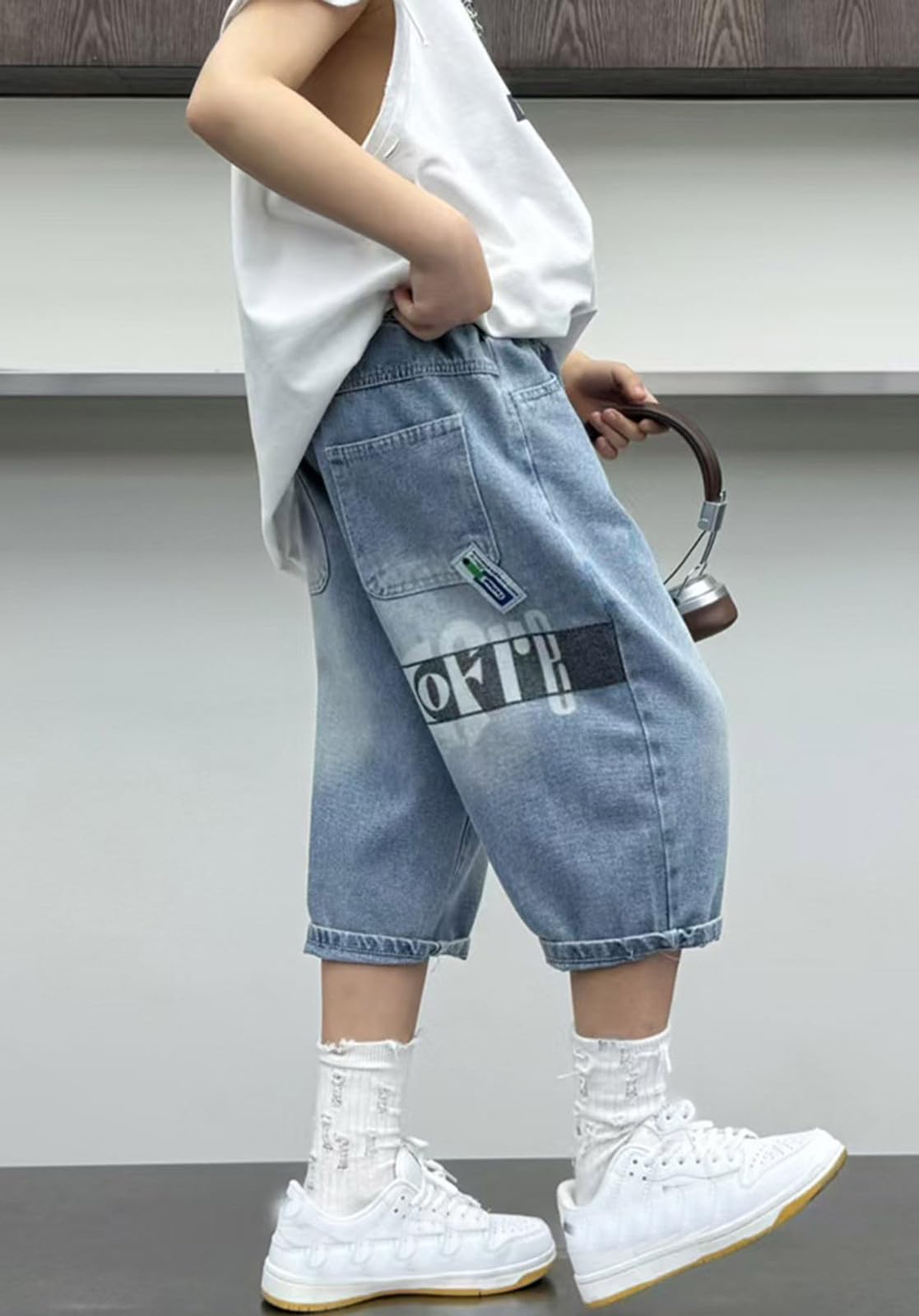 Garçons Short en Denim Été Pantalons Court Baggy Léger Pantalon Jeans 3/4, Bermuda Jeans Garçons Bleu Enfant Mode Denim Pantacourt Streetwear Outdoor 4-14ans