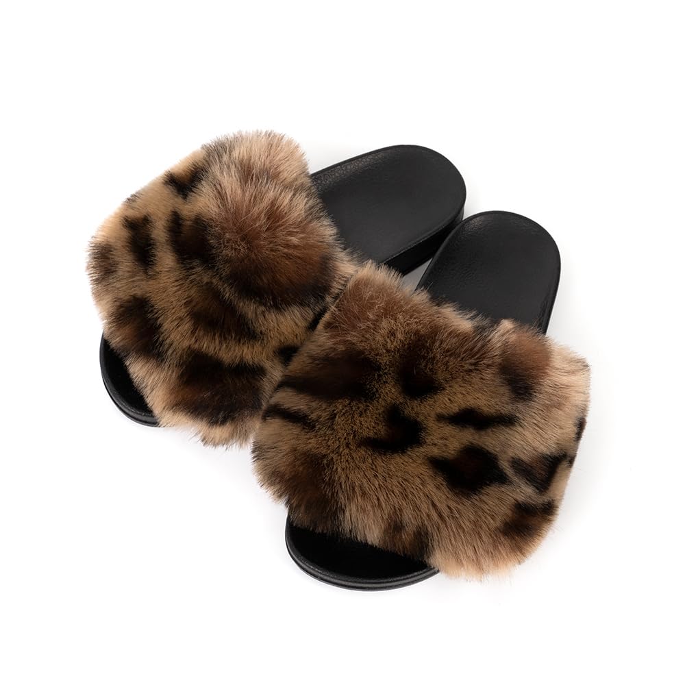FUNKYMONKEY Women's Slides Faux Fur Cute Slip On Fuzzy Slippers Comfort Flat Sandals