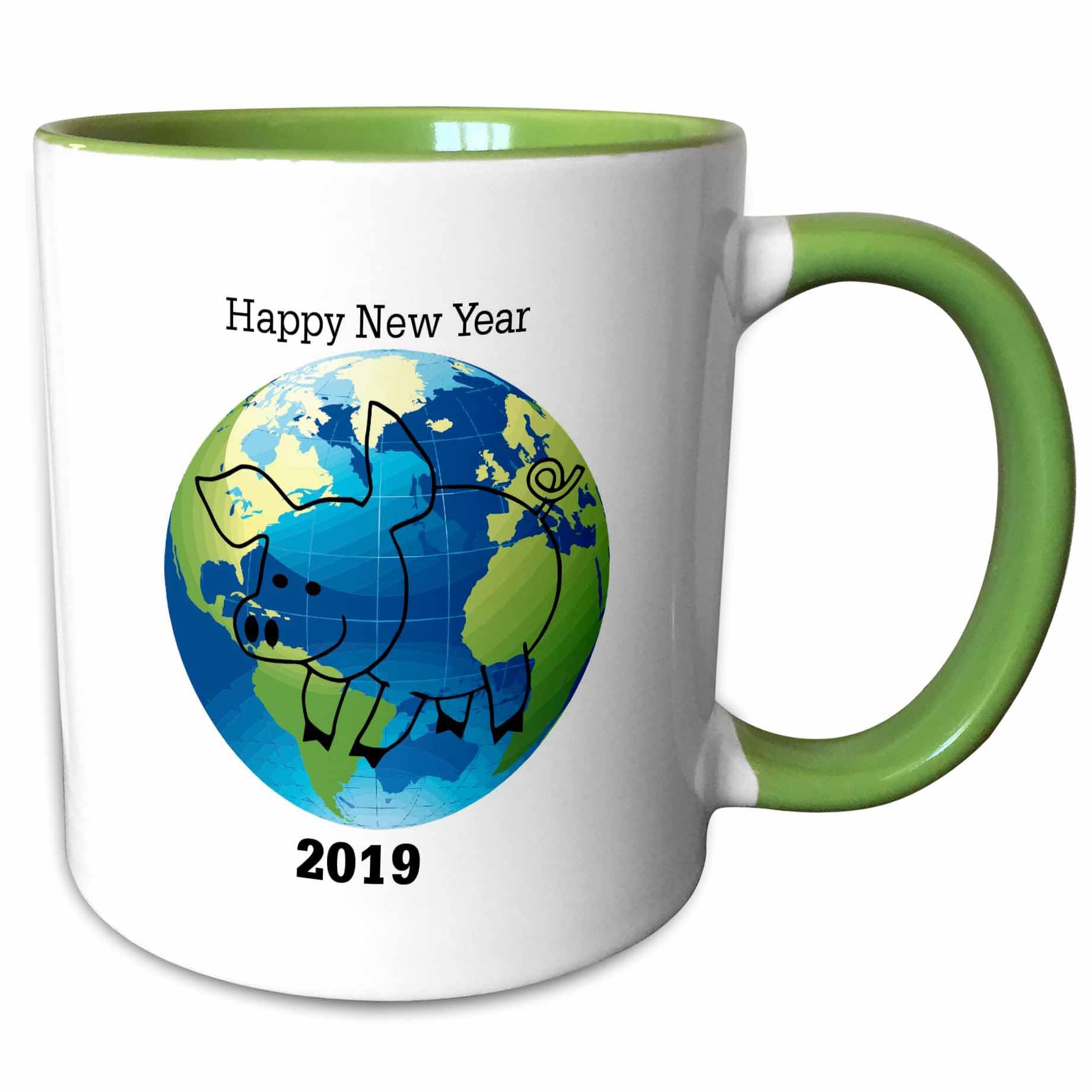 3dRose Image of Earth Pig and Happy New Year 2019 11oz Two-Tone Green Mug