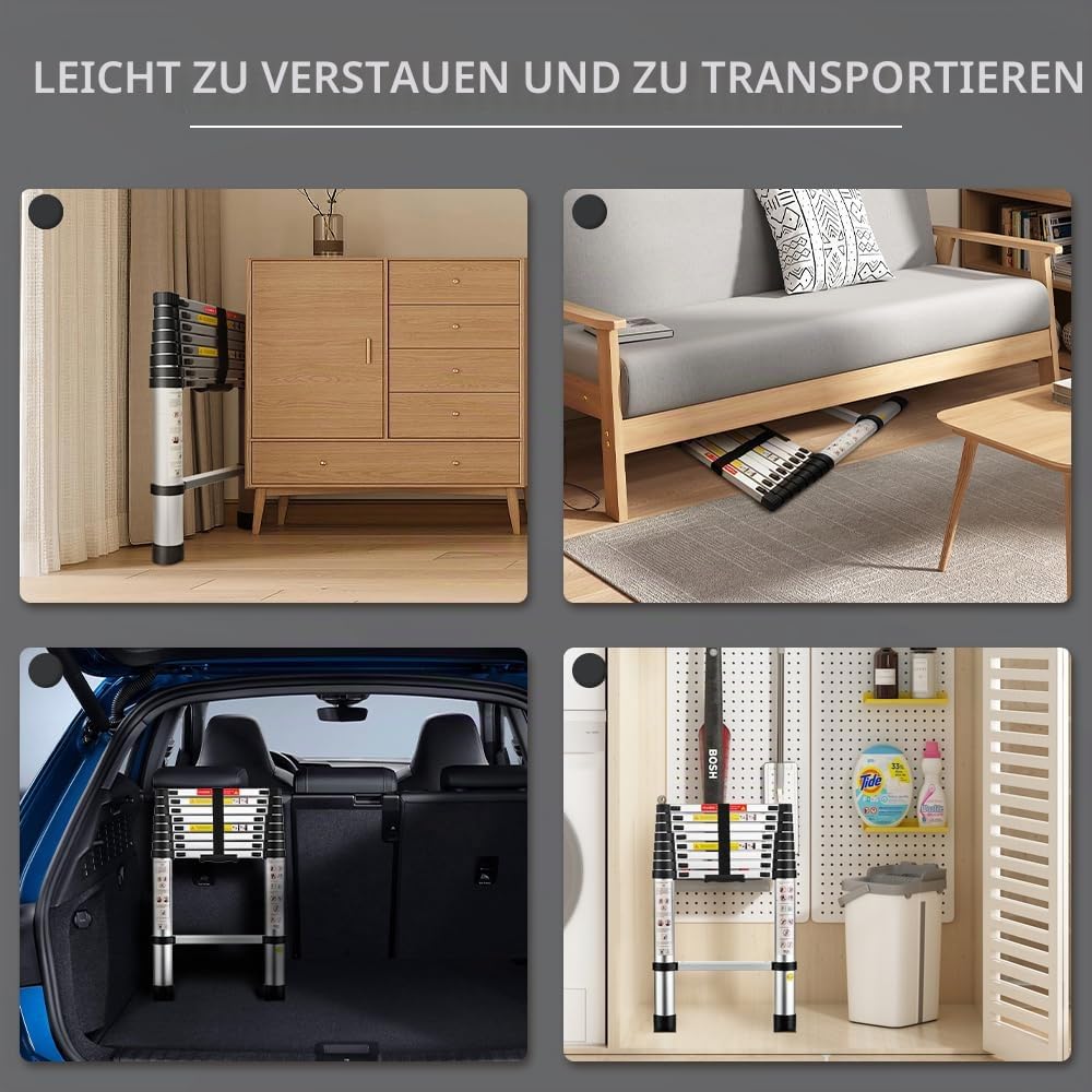 STANEW Teleskopleiter Aluminium 2,6m,Rutschfester Klappleiter Stehleiter Mehrzweckleiter, Abnehmbare Armlehne, Ausziehbare Leiter, Multifunktional Ladder, Maximale Belastbarkeit 150 kg