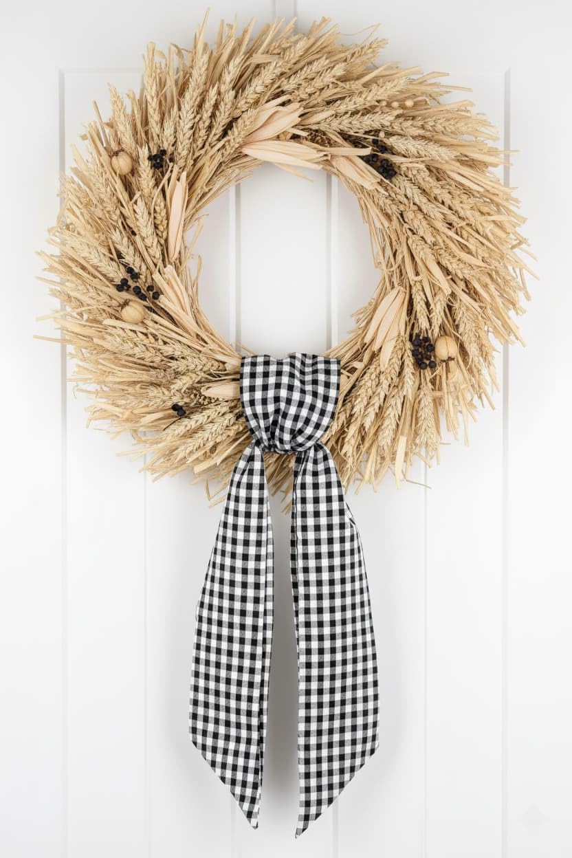 Wreath Sash for Front Door Decorations, Black White Checkered Plaid Bow Ribbon for Halloween Modern Elegant Year Round Wedding Farmhouse Home Decor Accessories (5.12" x 54.33")