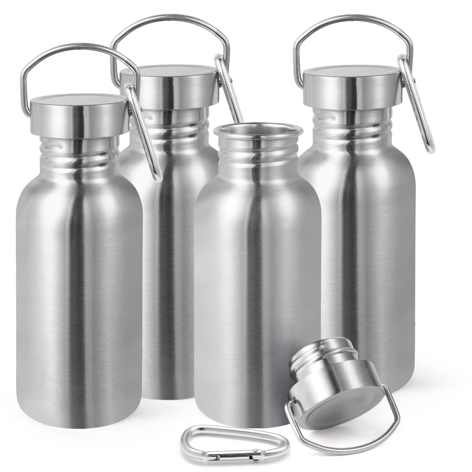 16oz Uninsulated Single Walled Water Bottles 4 Pack, Stainless Steel Kids Water Bottle wi…