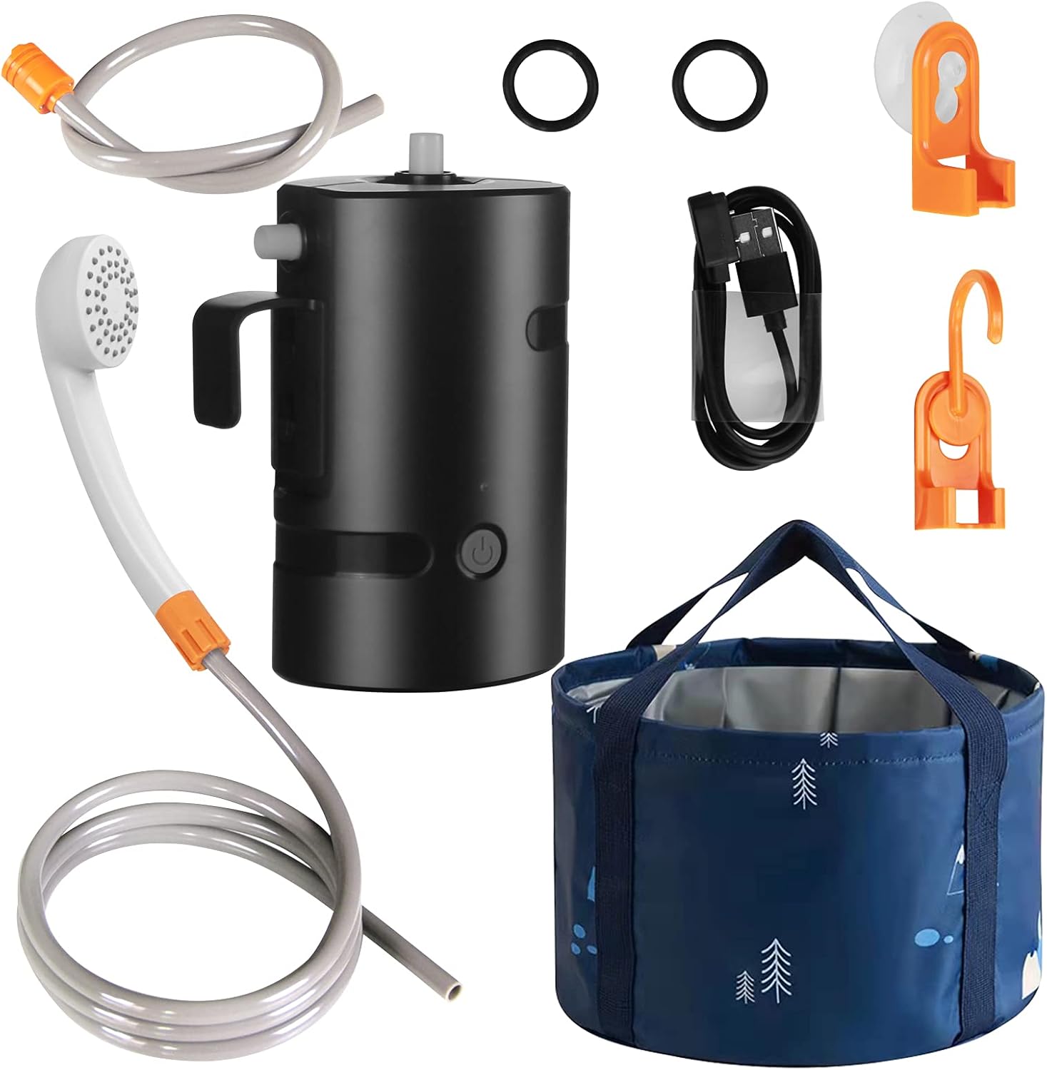 Portable Camping Shower, Built-in 4400mAh, USB Rechargeable IPX7 Waterproof Battery Shower Pump+Collapsible Bucket for Family Camp Hiking Backpacking Travel Beach Pet Flowering, Outdoor