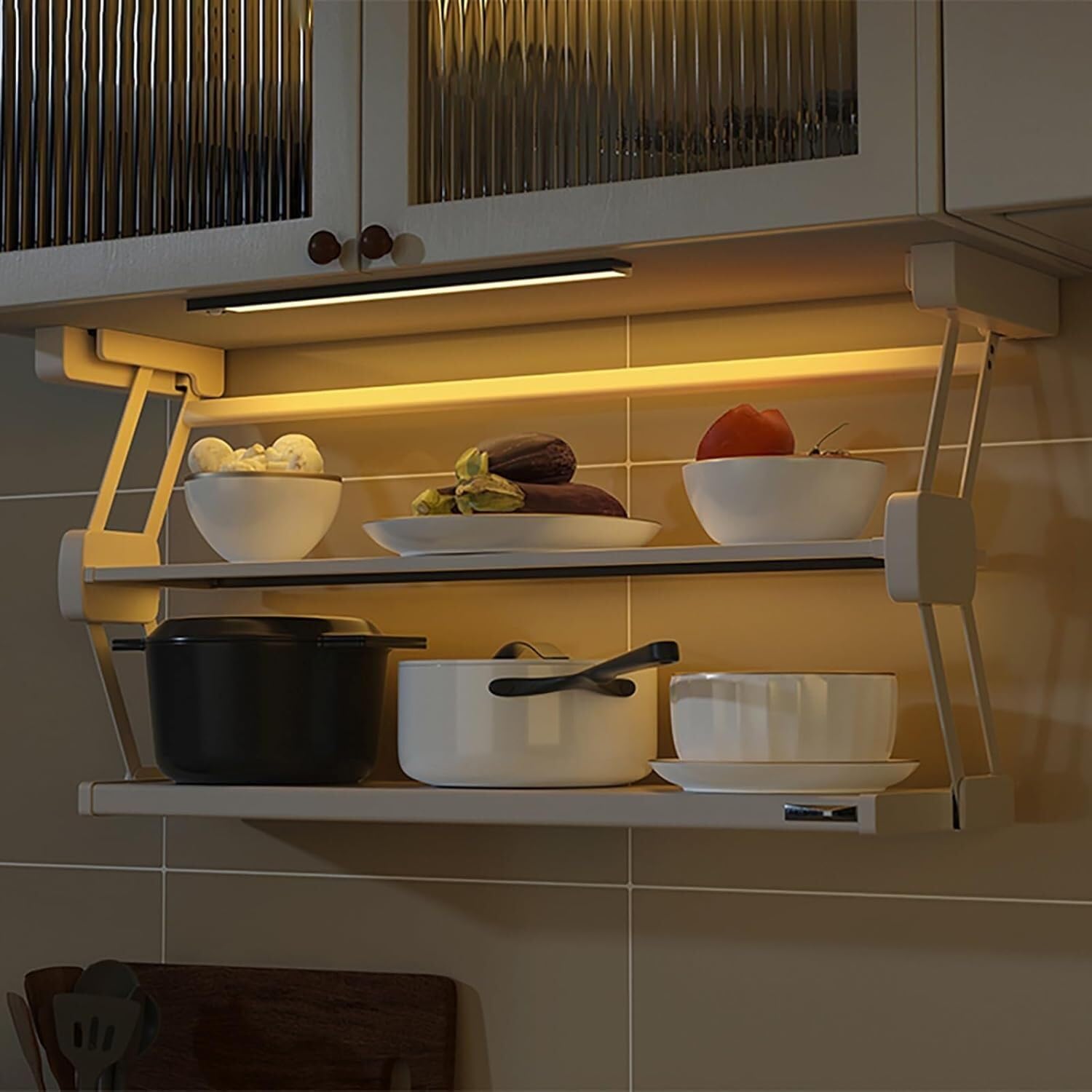 OLSKFUH Kitchen Storage Folding Pull Out Cabinet Organiser With Sensor Light Strip, Pull Down Spice Shelf For Hanging Cabinets For Pantry/Cabinets/Cupboards, Maximum Load 22 Lbs.,D8.3xh17.6-W27.2