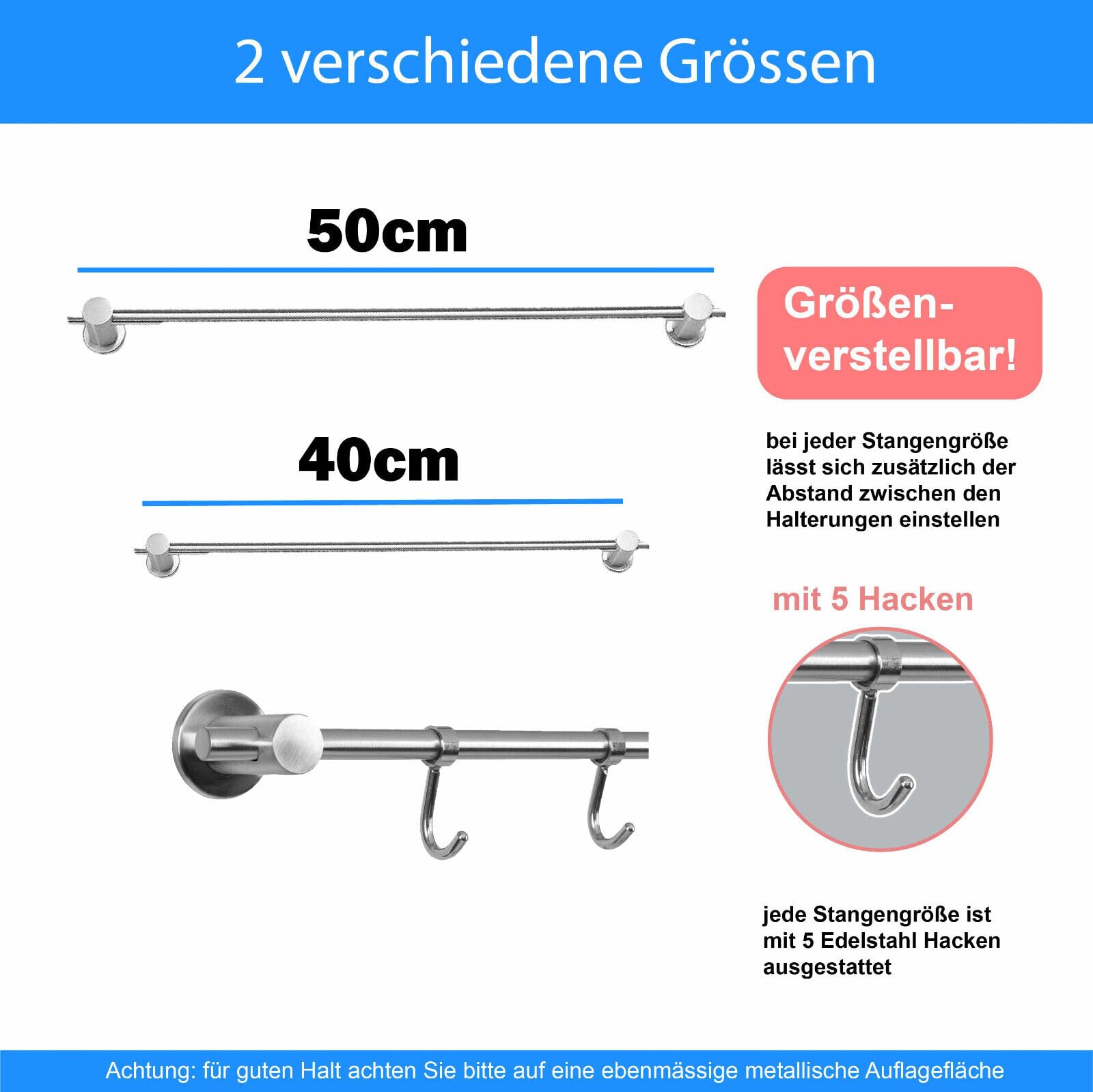 Handtuchhalter aus Edelstahl mit Magnethalterung mit 5 Haken Montage ohne Bohren (Breite: 40cm)