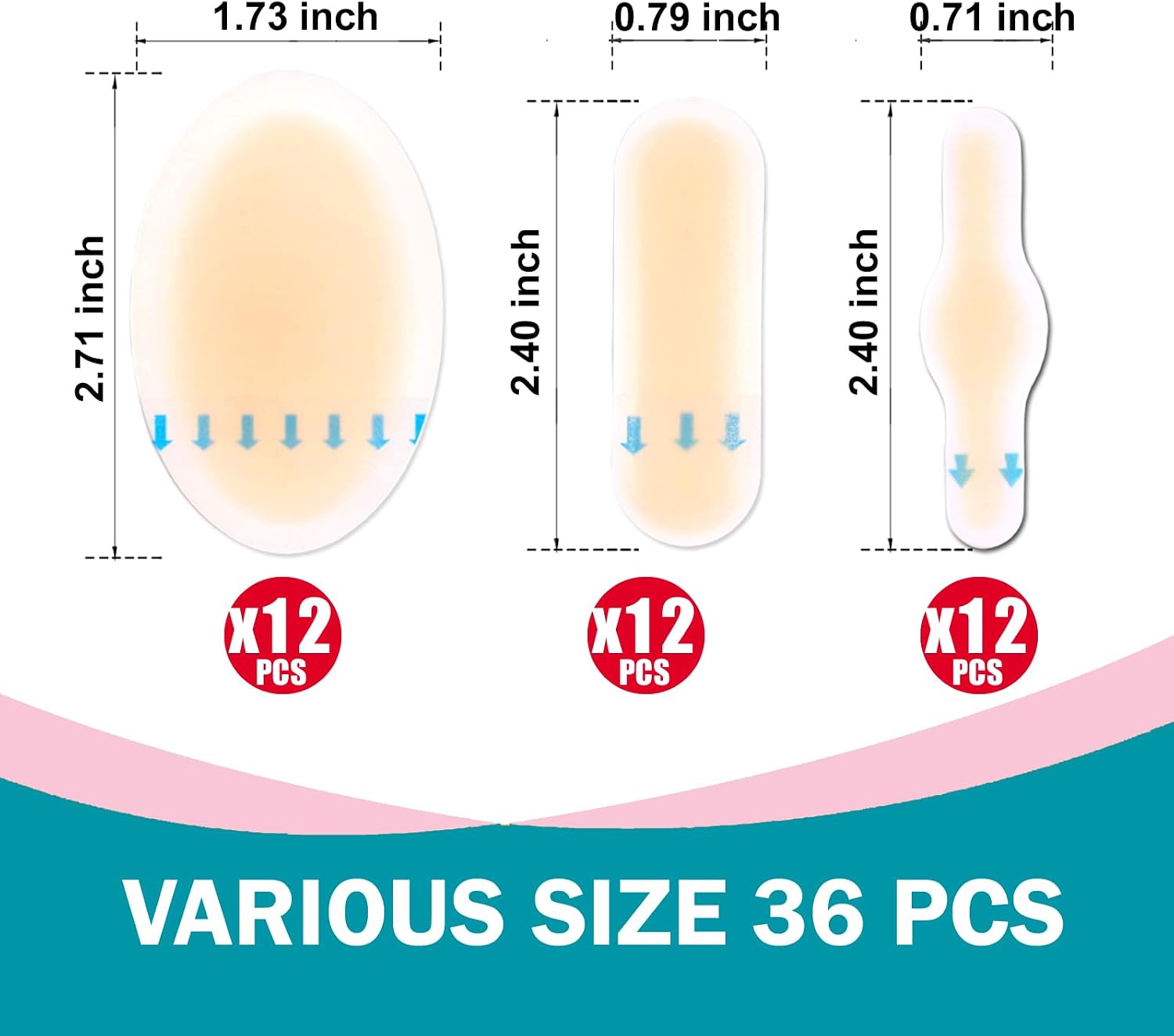 36PCS Hydrocolloid Blister Bandages – Blister Prevention & Recovery – Waterproof Blister Pads & Blister Cushions for Heel, Toe & Foot, Ellipse Heel Pack