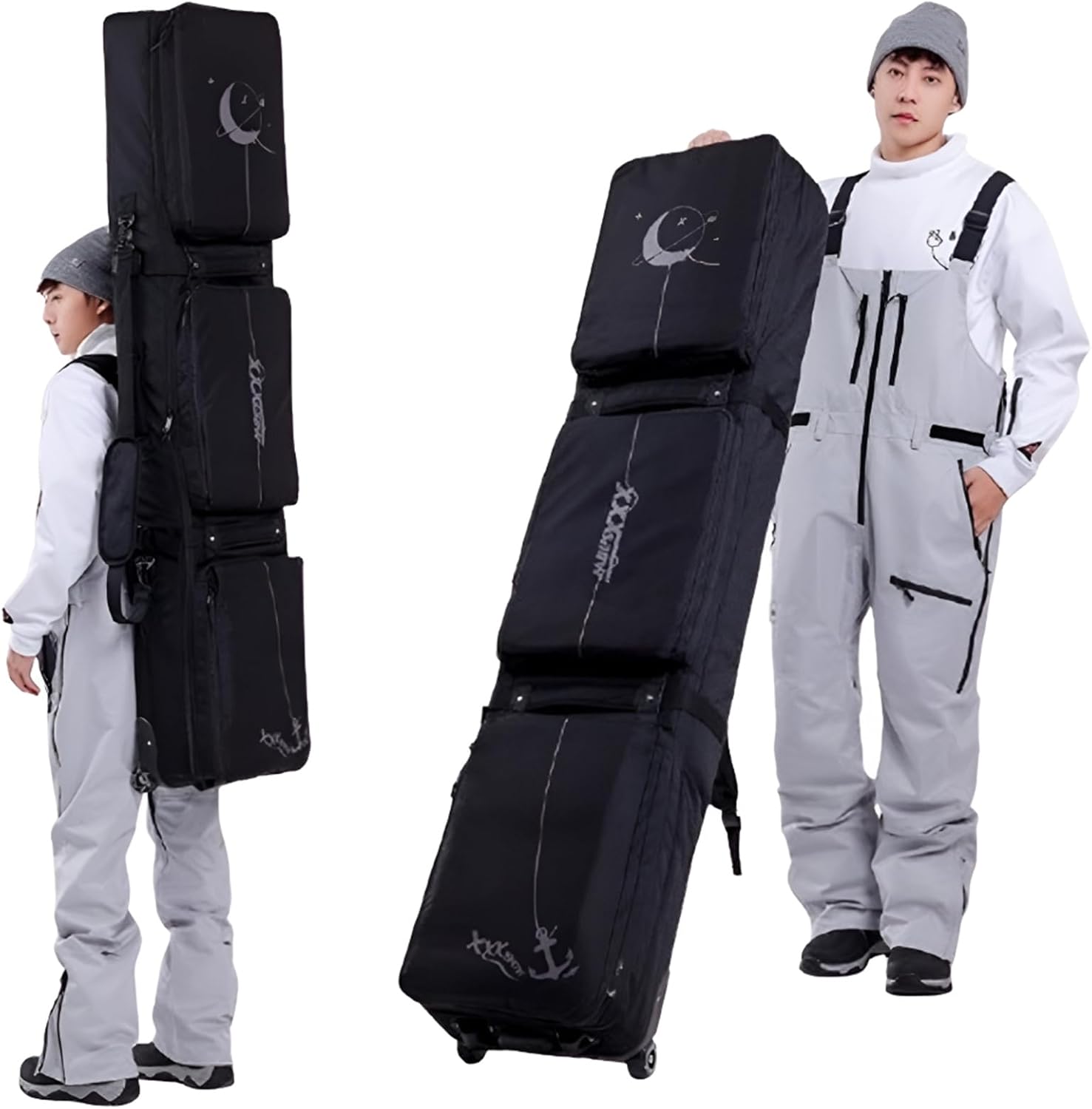 Snowboard Bag with Wheels Heavy Duty Padded Ski Bags for Air Travel Padded 3 Outside Bags Fit Single Ski/2 Sets Skis, Helmet, Jacket & Boots