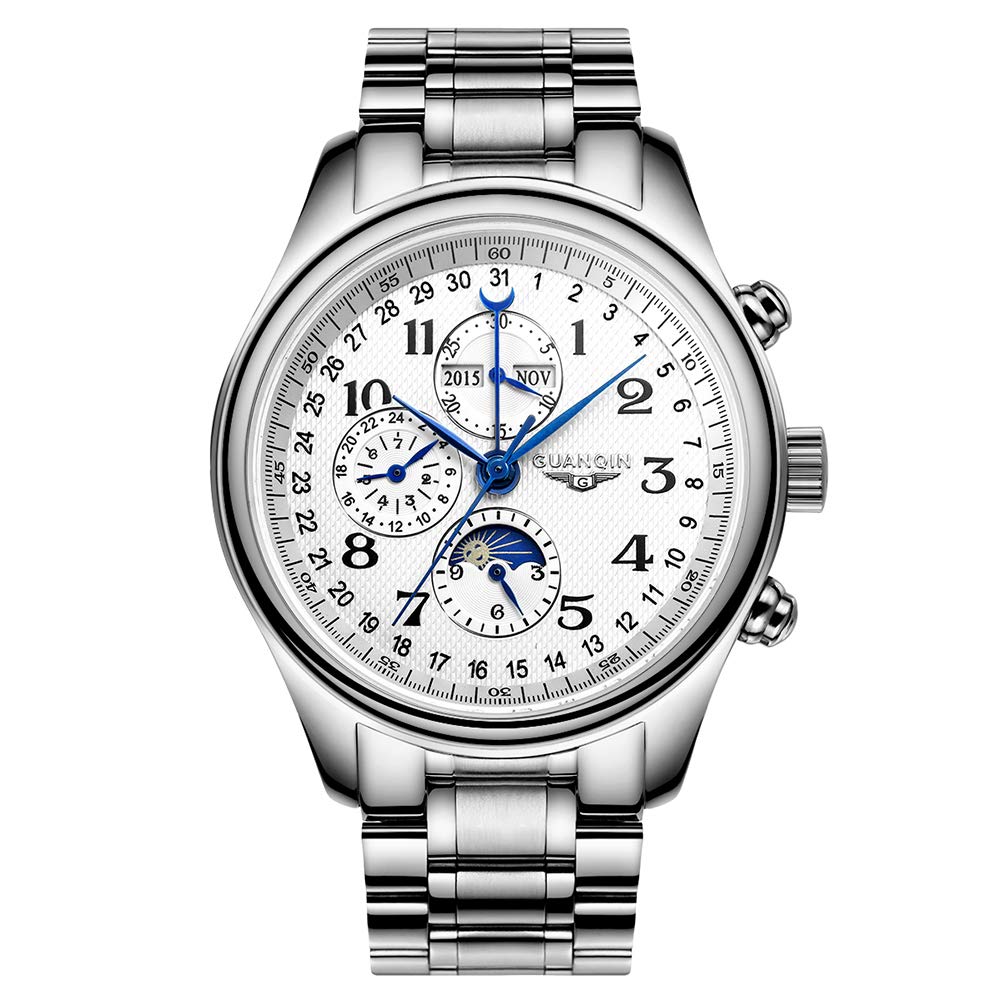 Guanqin Men Analog Automatic Self Winding Mechanical Wrist Watch with Stainless Steel/Leather Band Moon Phase (Silver White-Steel Chain)