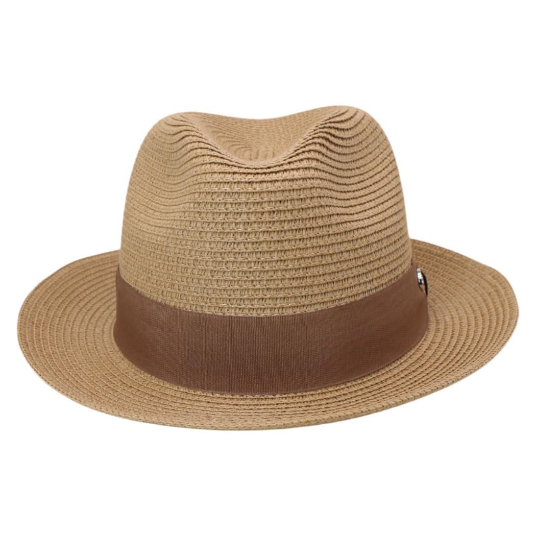 Klasyczna słomkowa czapka Fedora, brązowa opaska z ozdobnym guzikiem, khaki