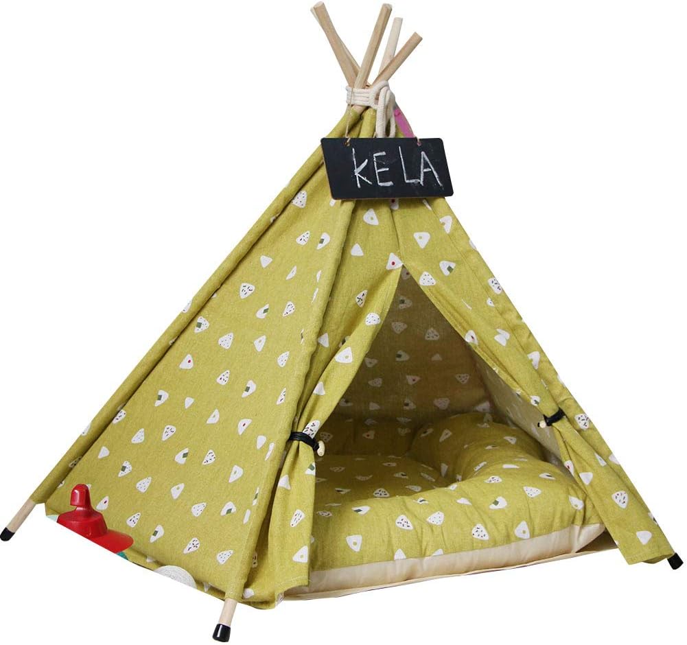 DirkFigge Pet Teepee Dog Cats Rabbits Sleeping Bed Canvas Portable Pet Tents Removable Washable Play Houses with Cushion for Indoor Outdoor