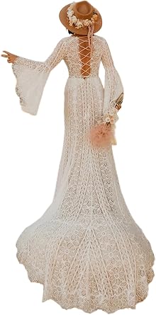 LIPOSA Flowy Trumpet Sleeves Mermaid Wedding Dress for Bride Ivory Bohemian Lace Bridal Gown with Plunge V Neck & Sweep Train