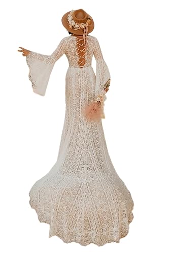 Flowy Trumpet Sleeves Mermaid Wedding Dress for Bride Ivory Bohemian