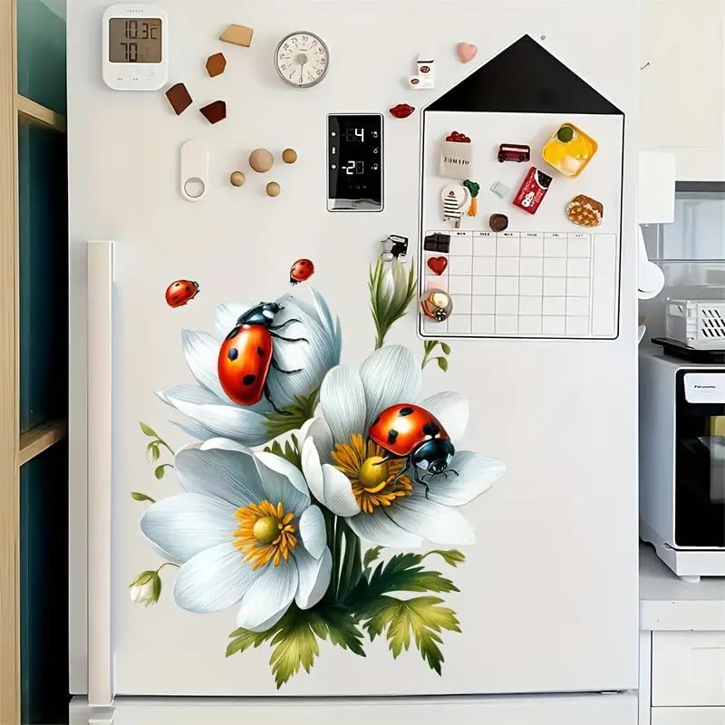 Floral Ladybug Toilet Cover Sticker Decals,Fish Bird Flower Leaf Waterproof Toilet Lid Tank Seat Decals Cistern Self-Adhesive Bathroom Wall Sticker