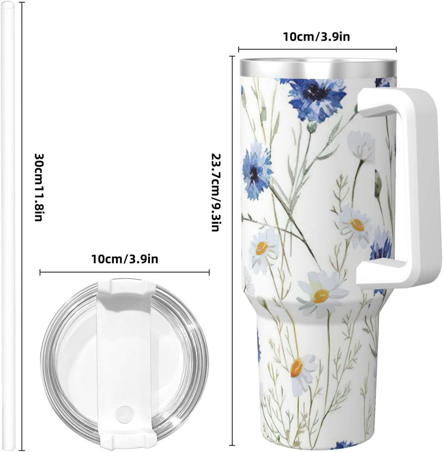 40 OZ Wild Flowers and Cornflowers Daisies Print Ice Bully Cup with Handle Straw Lid Straw,Stainless Steel Tumbler Coffee Cup
