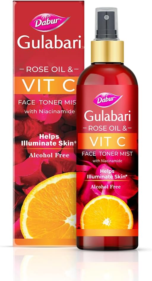 Dabur Gulabari Rose Oil & Vitamin C Face Toner Mist & Rosewater with Niacinamide - 200ml | Toner for brightened skin | Improves Uneven Skin Tone, Tightens Pores | Alcohol free