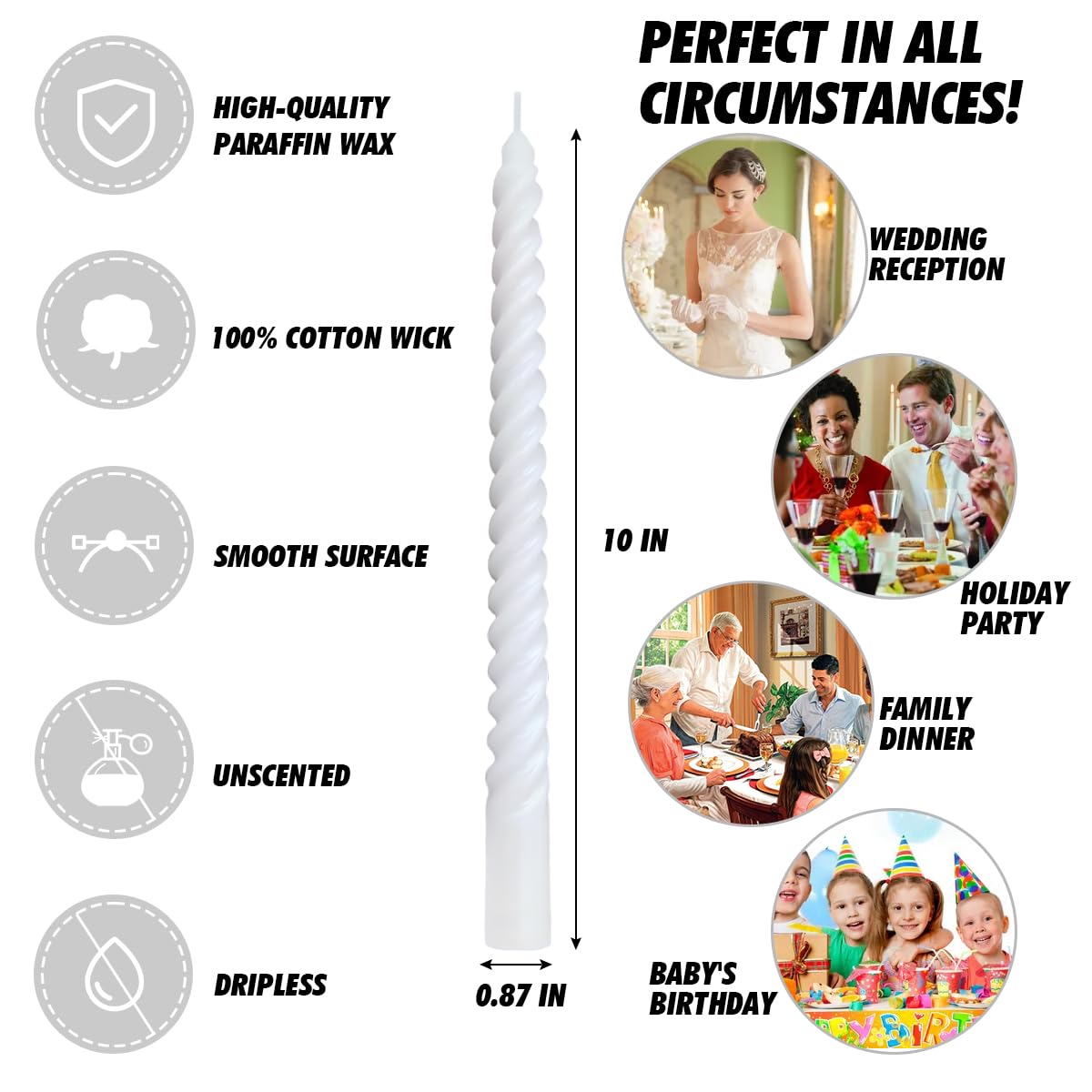 Paquete de 6 velas cónicas en espiral blancas de 10 pulgadas para decoración del hogar y ceremonias religiosas, sin perfume, sin goteo, para bodas, cenas, vacaciones, decoración de eventos formales