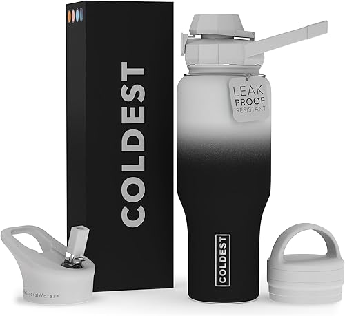 COLDEST - Botella deportiva de 3 tapas (con pico, con pitillo y con asa), vaso con aislamiento al vacío, de acero inoxidable, se adapta a la tapa