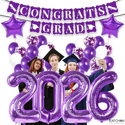 Image of KatchOn, Purple Graduation Decorations 2026 - Pack of 31 | 40 Inch, Purple 2026 Balloons, Congrats Grad Banner for Graduation Decorations Class of 2026 | Grad Decoration