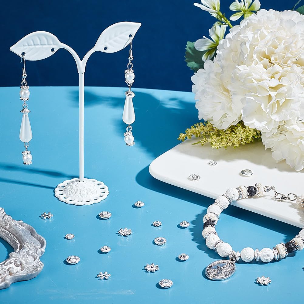 PH PandaHall 300PCS 6 Styles Metal Spacer Bead, Silver Alloy Daisy Beads Bicone Flower Beads Flat Rondelle Snowflake Loose Beads Charms for Bracelet Necklace Earring Jewelry Making Supplies - Image 5