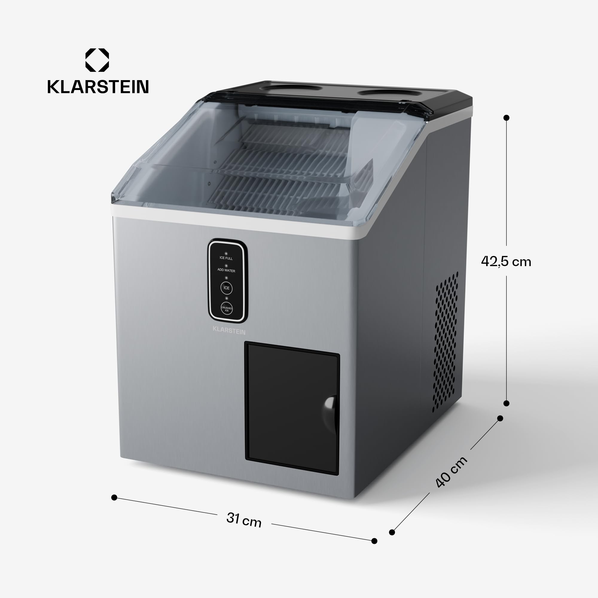 KLARSTEIN - Macchina del Ghiaccio, Acciaio Inox, 15kg/24h, Cubetti & Ghiaccio Tritato, Serbatoio: 1,8L, Pannello LED, Allarme del Livello dell'Acqua, Macchina del Ghiaccio per la Casa