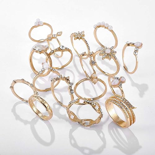 Miniatura 6 de FUTIMELY Juego de 17 anillos apilables de nudillos de cristal bohemios, dorados, vintage, apilables, para mujer